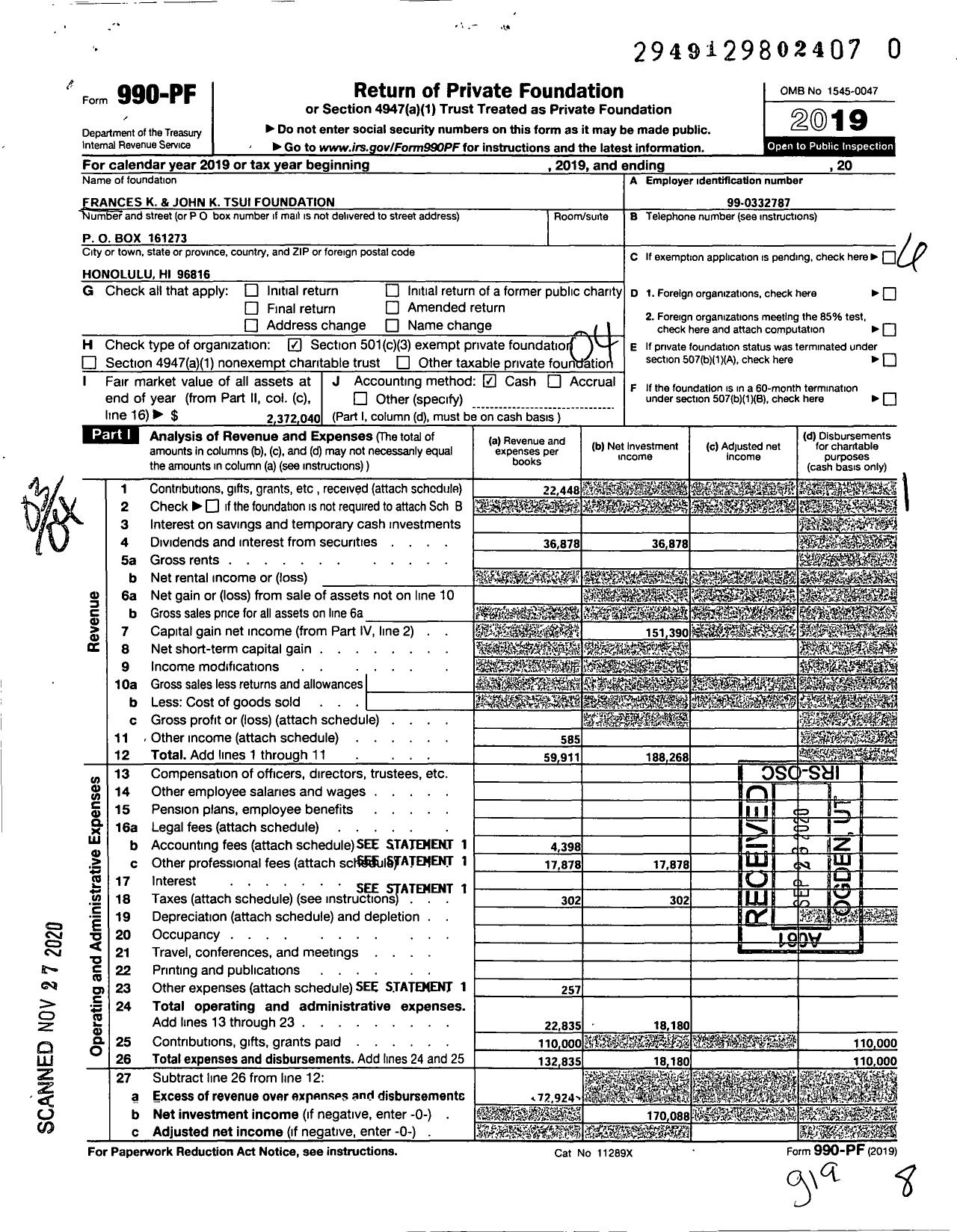 Image of first page of 2019 Form 990PF for Frances K and John K Tsui Foundation