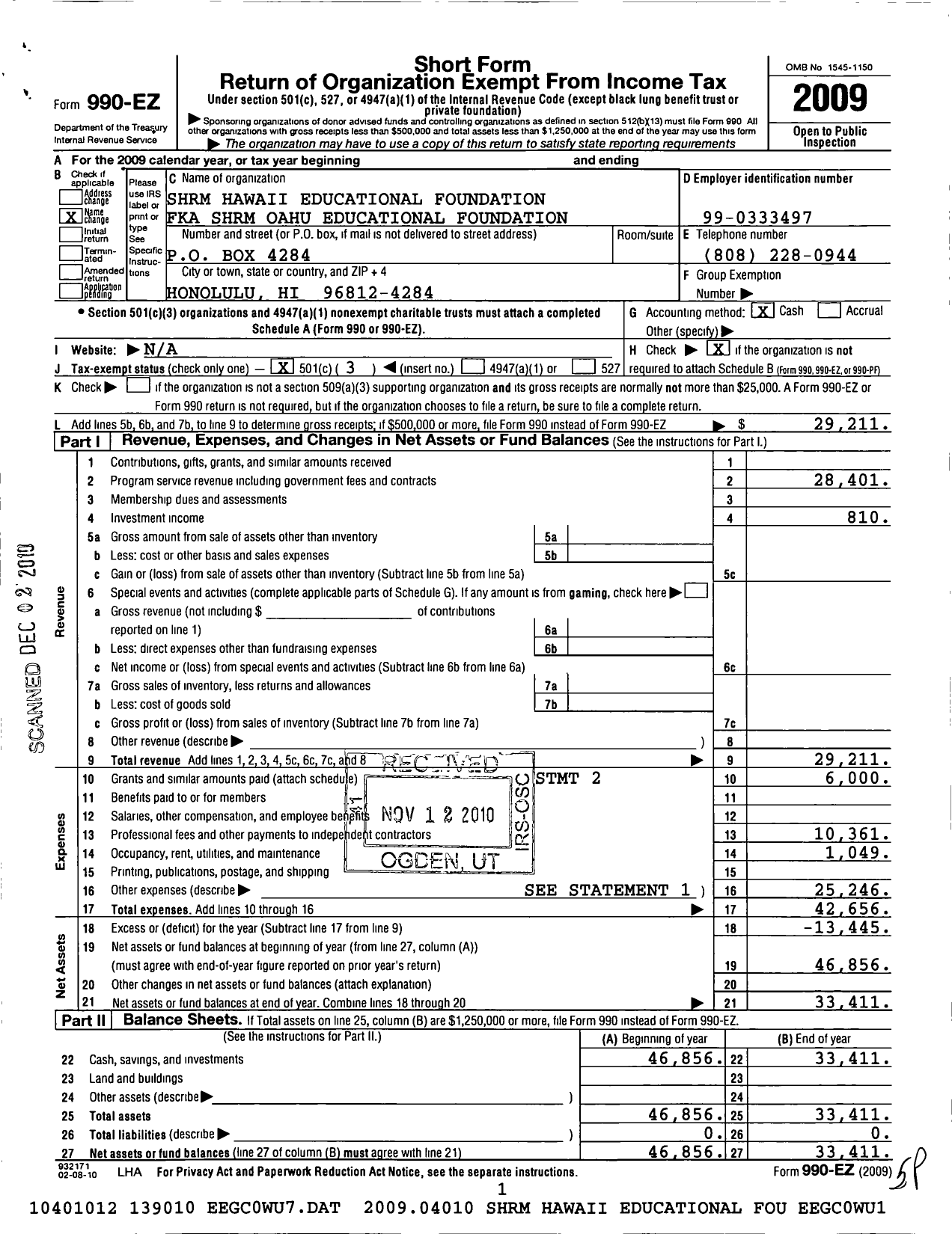 Image of first page of 2009 Form 990EZ for SHRM Hawaii Educational Foundation