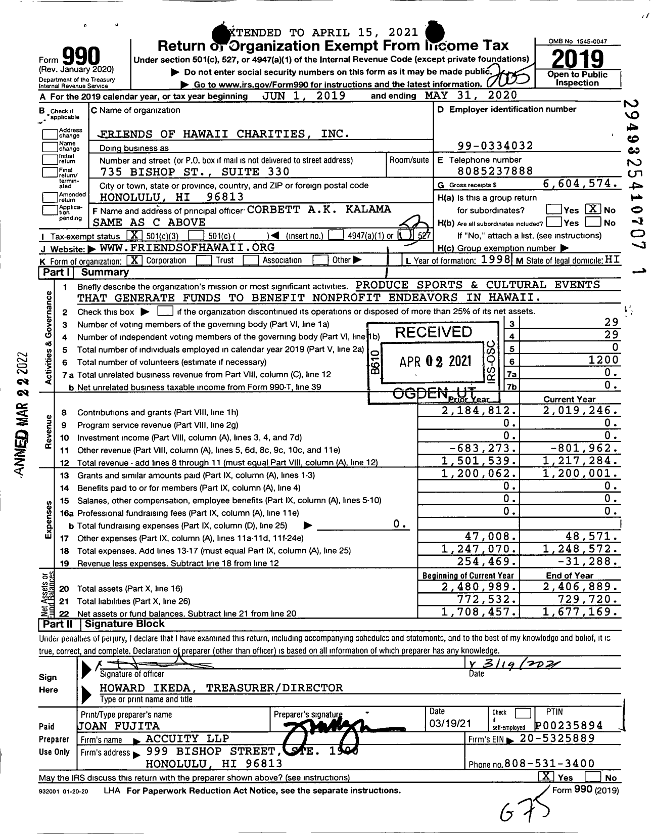 Image of first page of 2019 Form 990 for Friends of Hawaii Charities