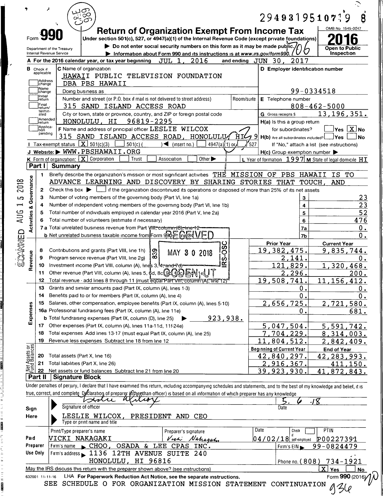 Image of first page of 2016 Form 990 for PBS Hawaii