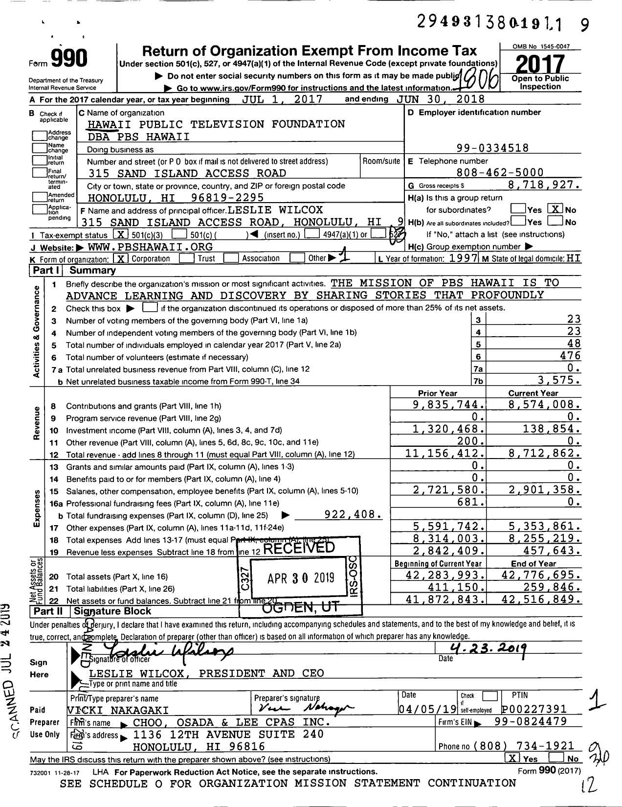 Image of first page of 2017 Form 990 for PBS Hawaii