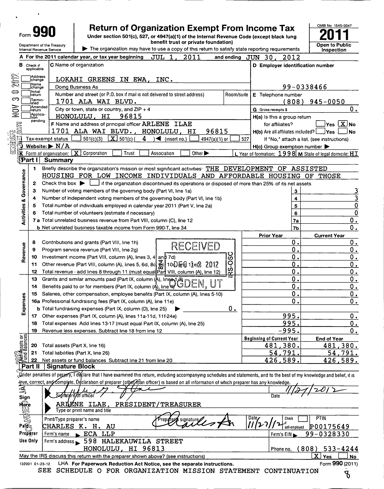 Image of first page of 2011 Form 990O for Lokahi Greens in Ewa