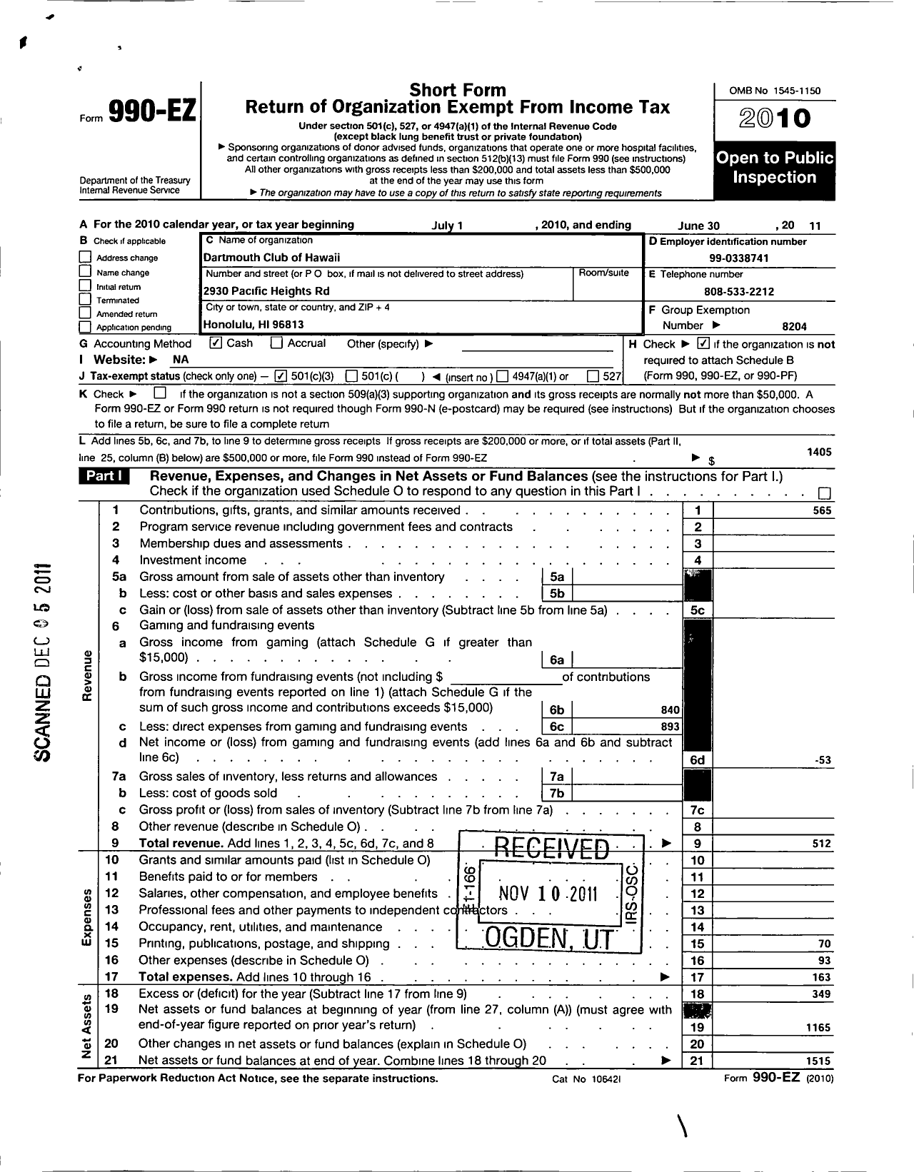 Image of first page of 2010 Form 990EZ for Trustees of Dartmouth College / Dartmouth Club of Hawaii