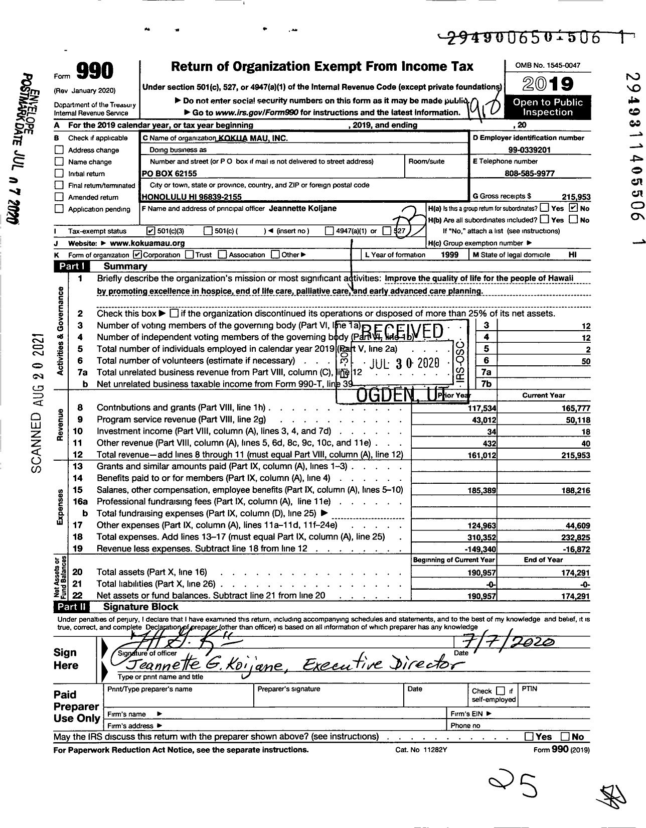 Image of first page of 2019 Form 990 for Kokua Mau