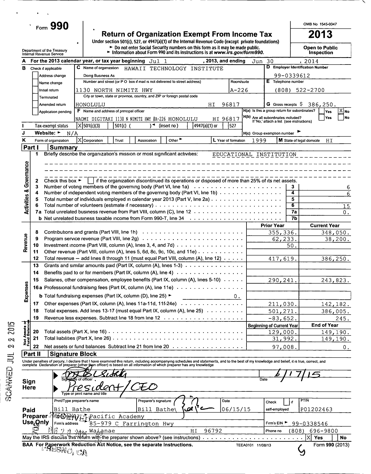 Image of first page of 2013 Form 990 for Hawaii Technology Institute