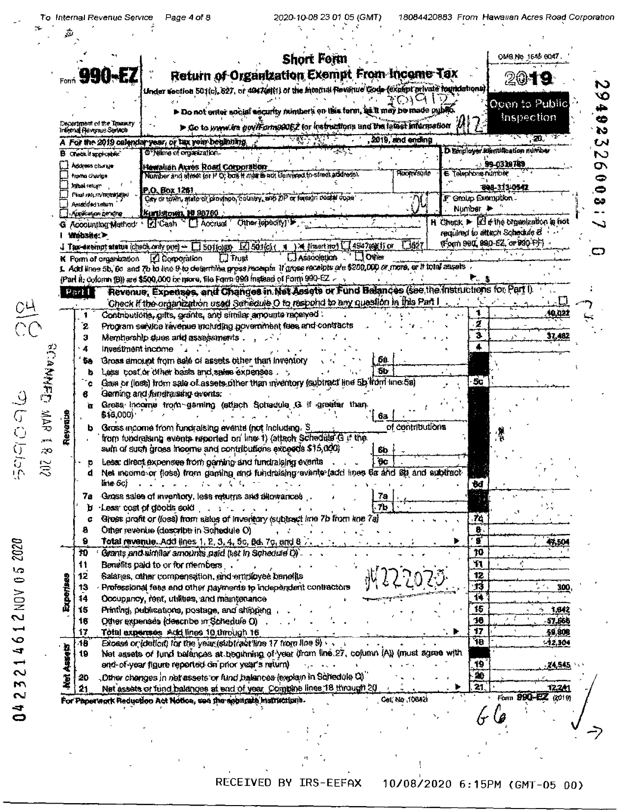 Image of first page of 2019 Form 990EO for Hawaiian Acres Road Corporation