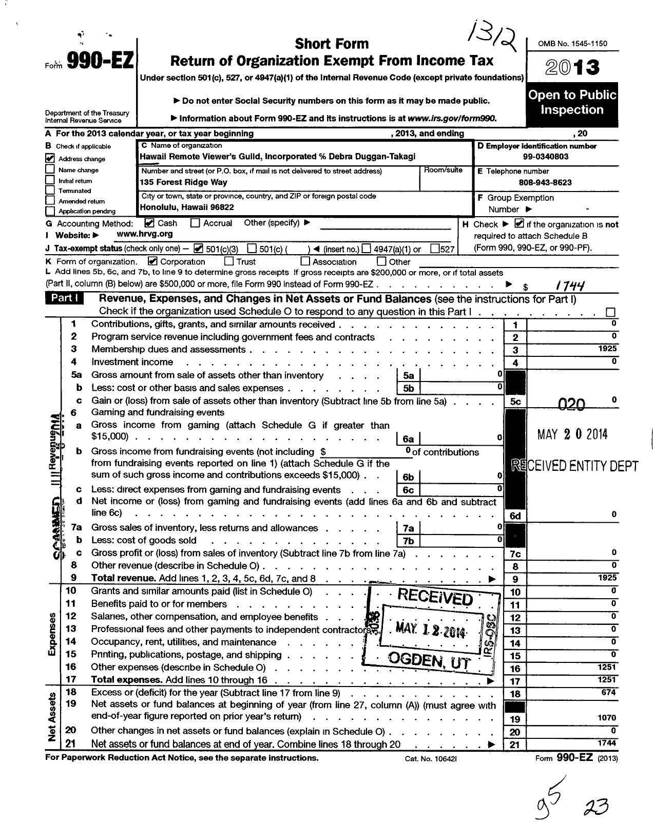 Image of first page of 2013 Form 990EZ for Hawaii Remote Viewers Guild Incorporated