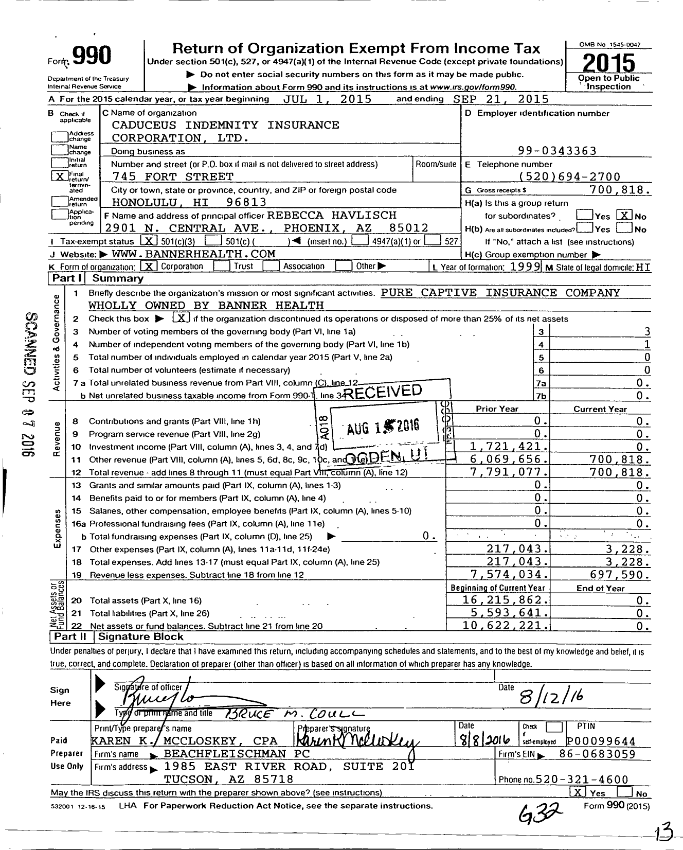 Image of first page of 2014 Form 990 for Caduceus Indemnity Insurance Corporation