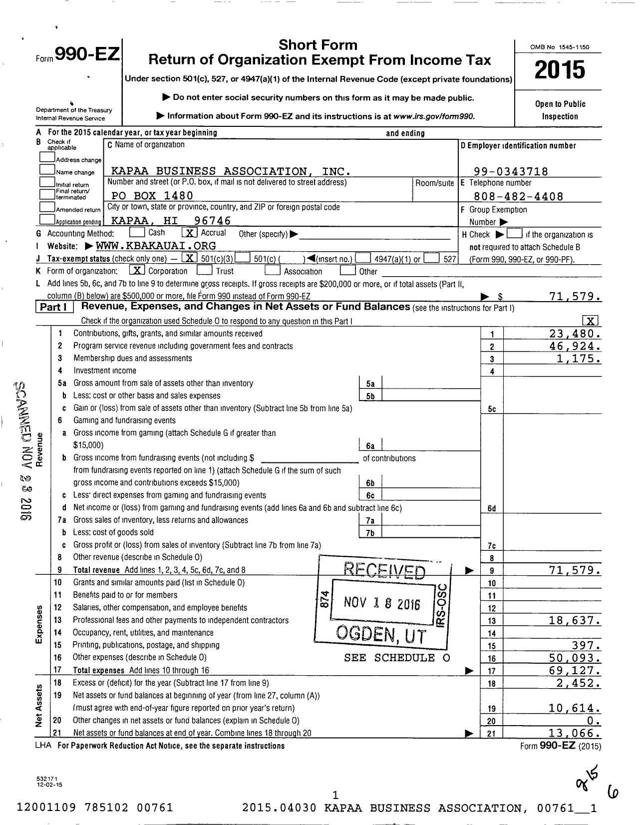 Image of first page of 2015 Form 990EZ for Kapaa Business Association