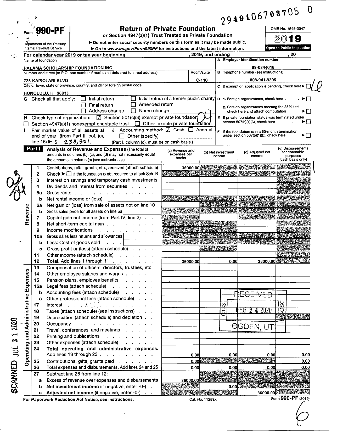 Image of first page of 2019 Form 990PR for Palama Scholarship Foundation