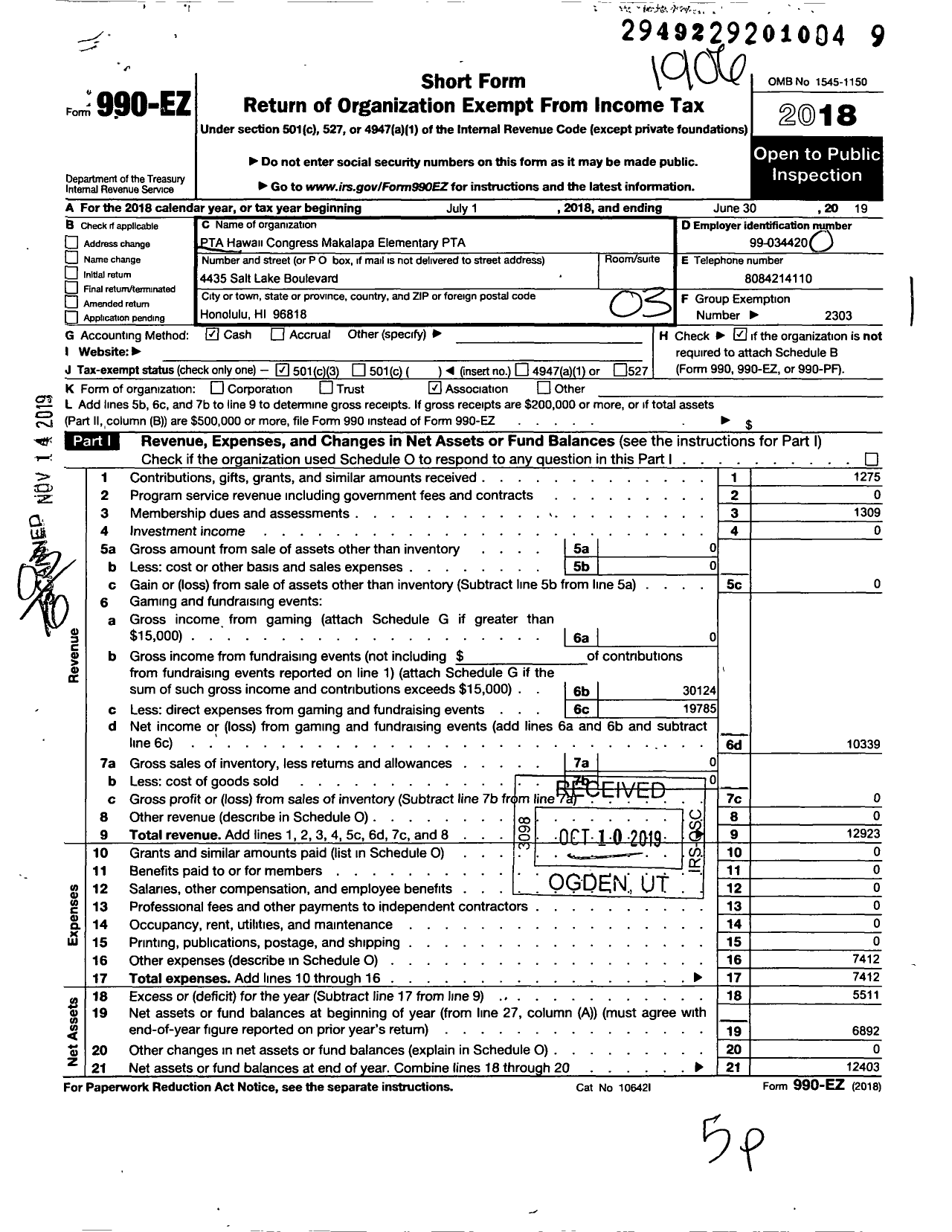 Image of first page of 2018 Form 990EZ for PTA Hawaii Congress / Makalapa Elementary PTA