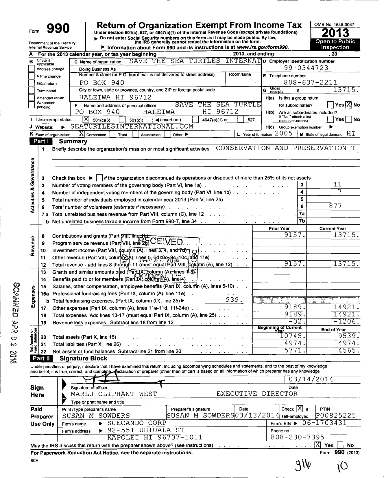 Image of first page of 2013 Form 990 for Save the Sea Turtles International