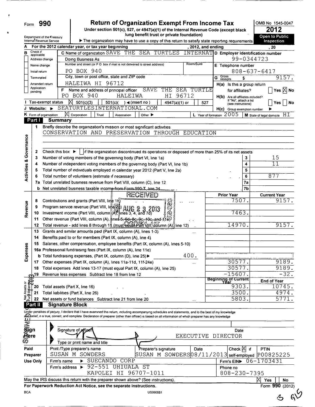 Image of first page of 2012 Form 990 for Save the Sea Turtles International