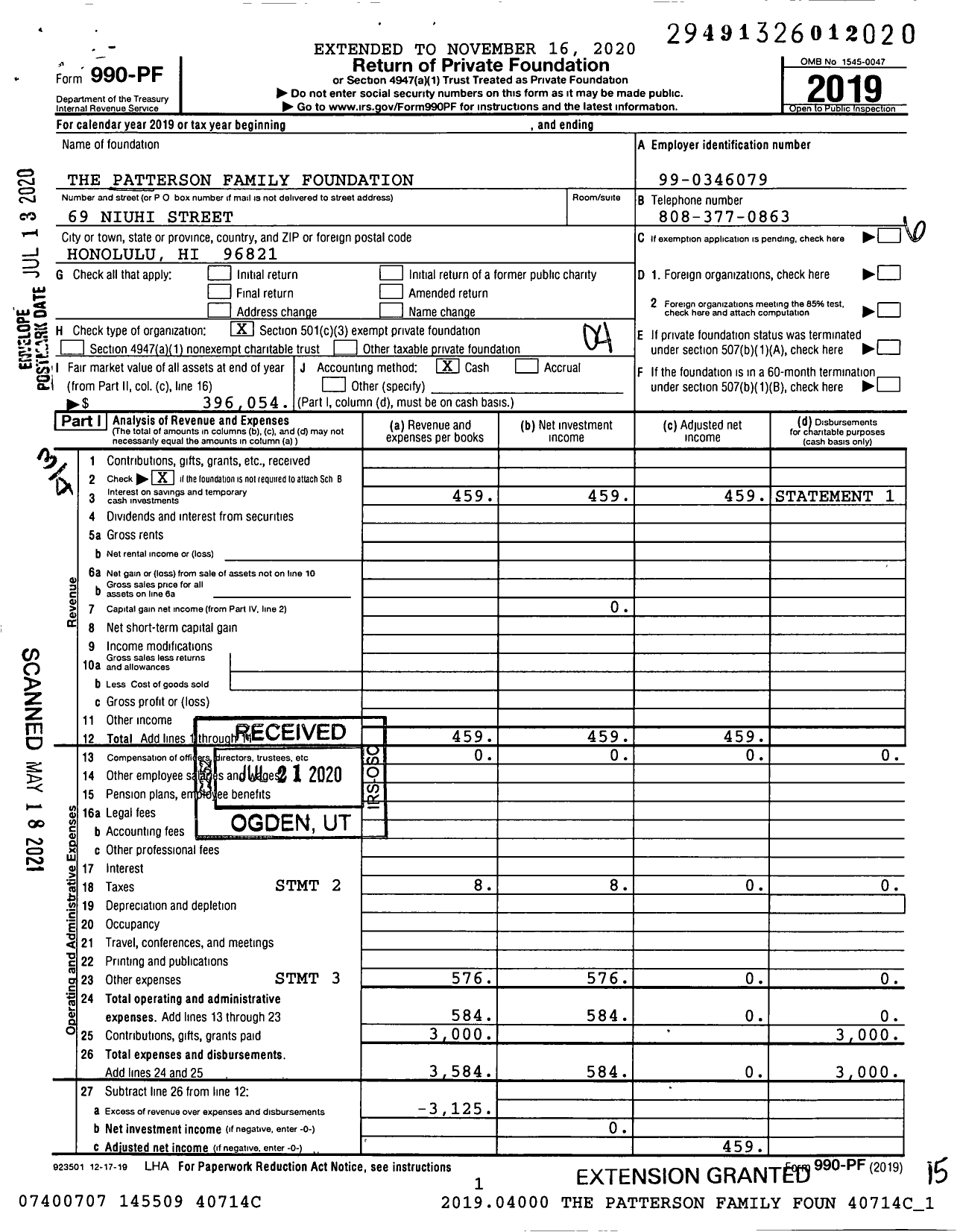 Image of first page of 2019 Form 990PF for The Patterson Family Foundation