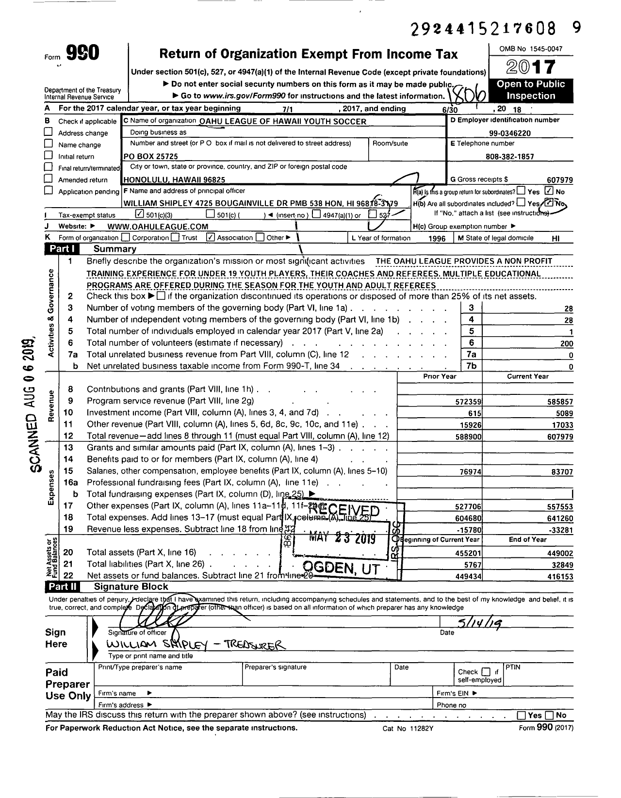 Image of first page of 2017 Form 990 for Oahu League of the Hawaii Youth Soccer Association