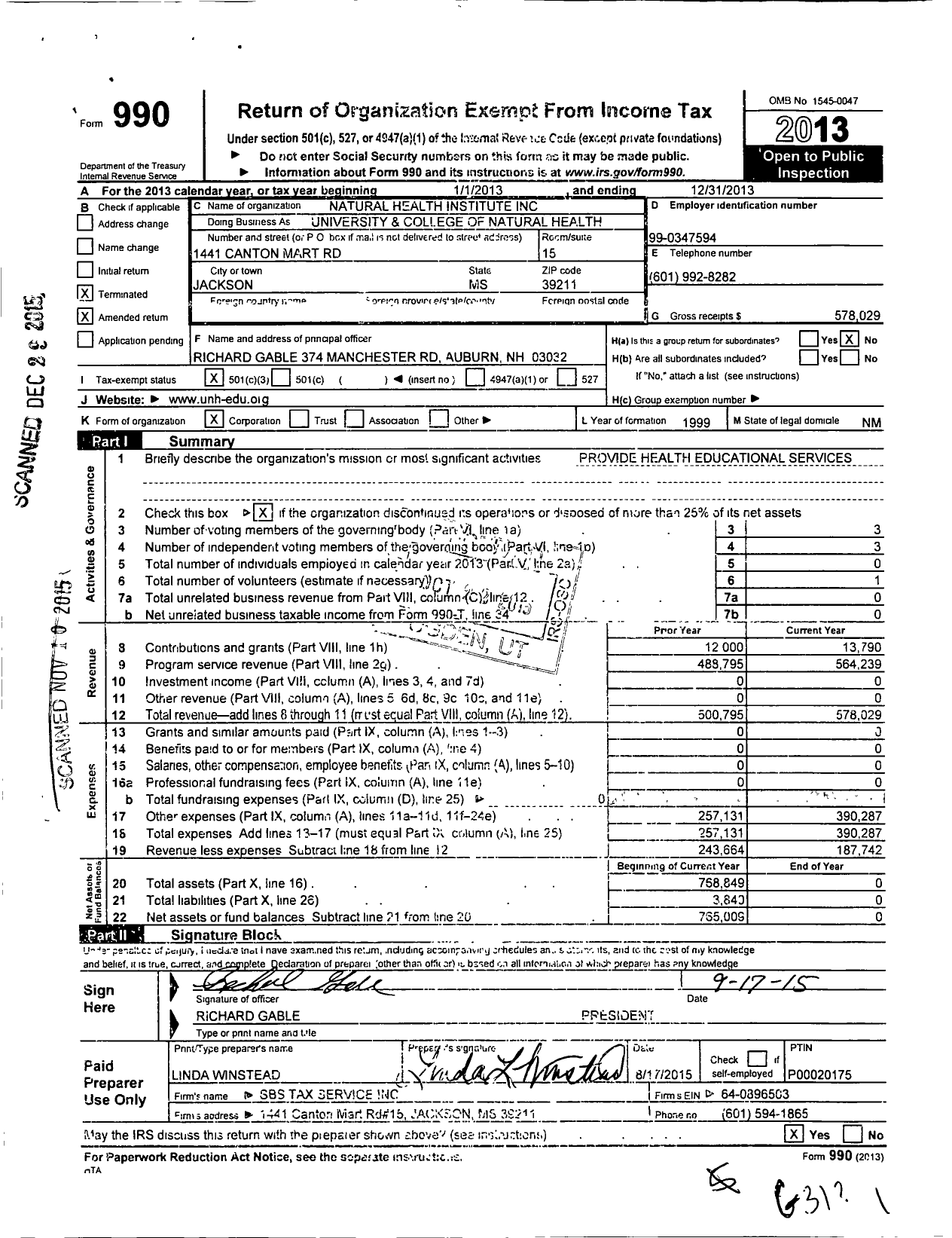 Image of first page of 2013 Form 990 for Natural Health Institute