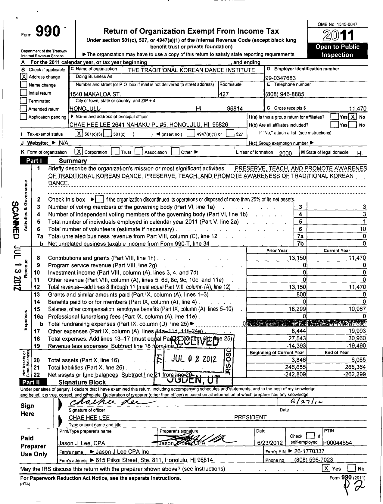 Image of first page of 2011 Form 990 for Traditional Korean Dance Institute