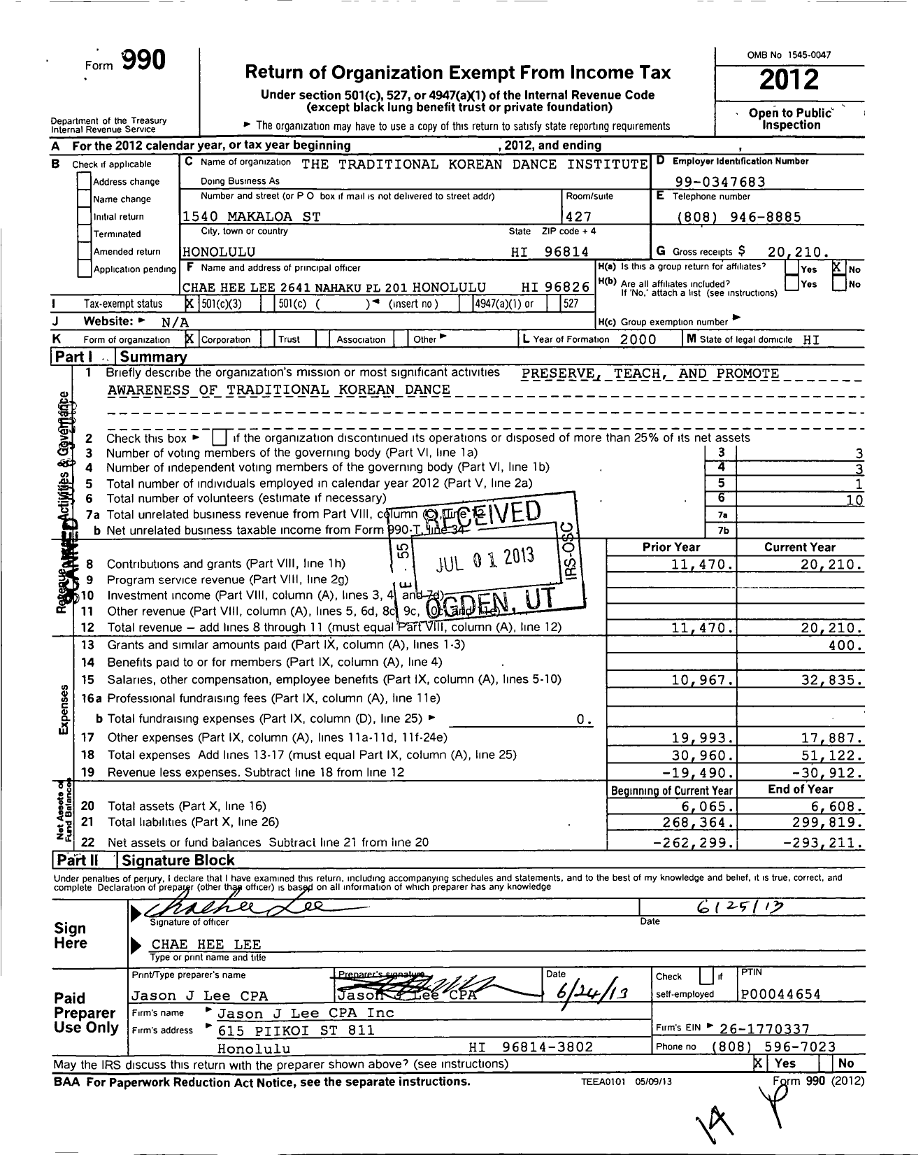 Image of first page of 2012 Form 990 for Traditional Korean Dance Institute