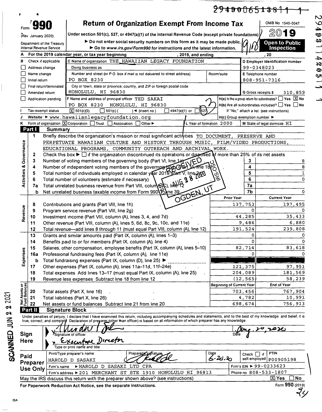 Image of first page of 2019 Form 990 for The Hawaiian Legacy Foundation