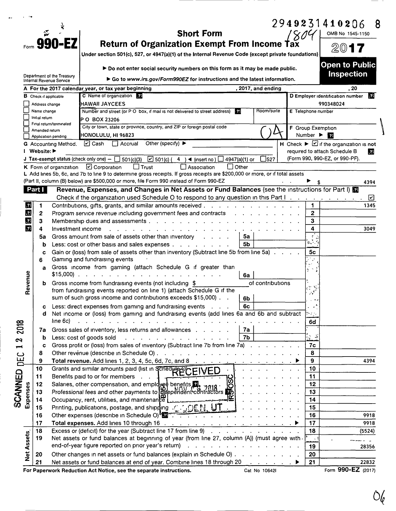 Image of first page of 2017 Form 990EO for United States Junior Chamber of Commerce / Hawaii Jaycees