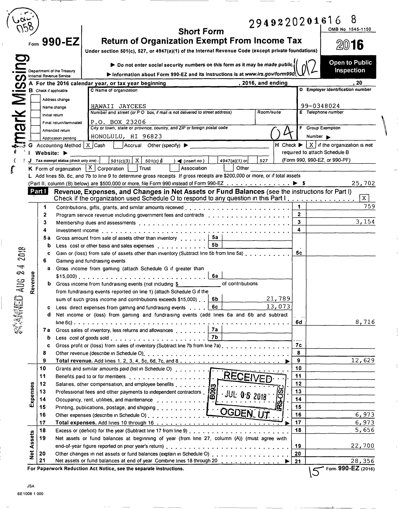 Image of first page of 2016 Form 990EO for United States Junior Chamber of Commerce / Hawaii Jaycees