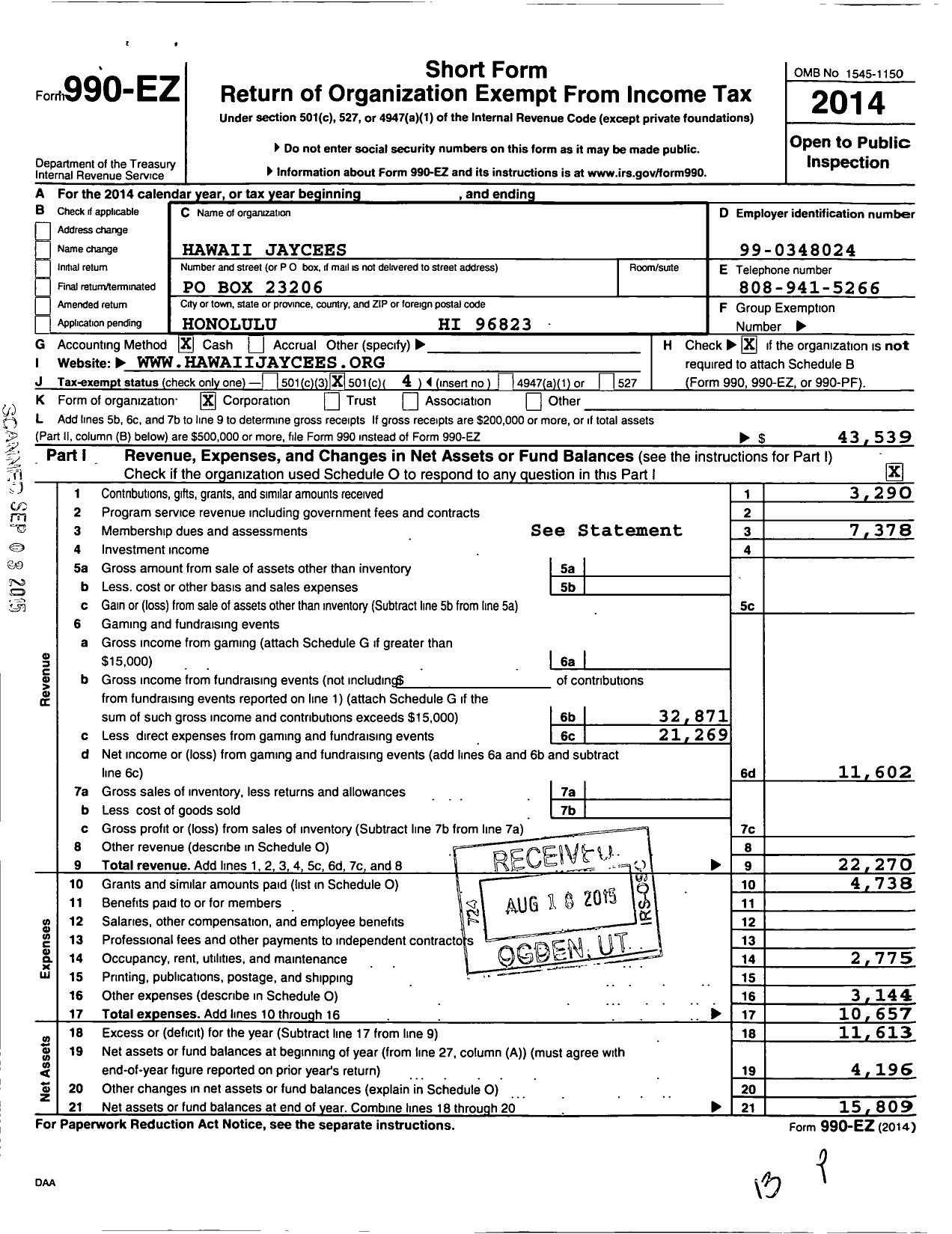 Image of first page of 2014 Form 990EO for United States Junior Chamber of Commerce / Hawaii Jaycees