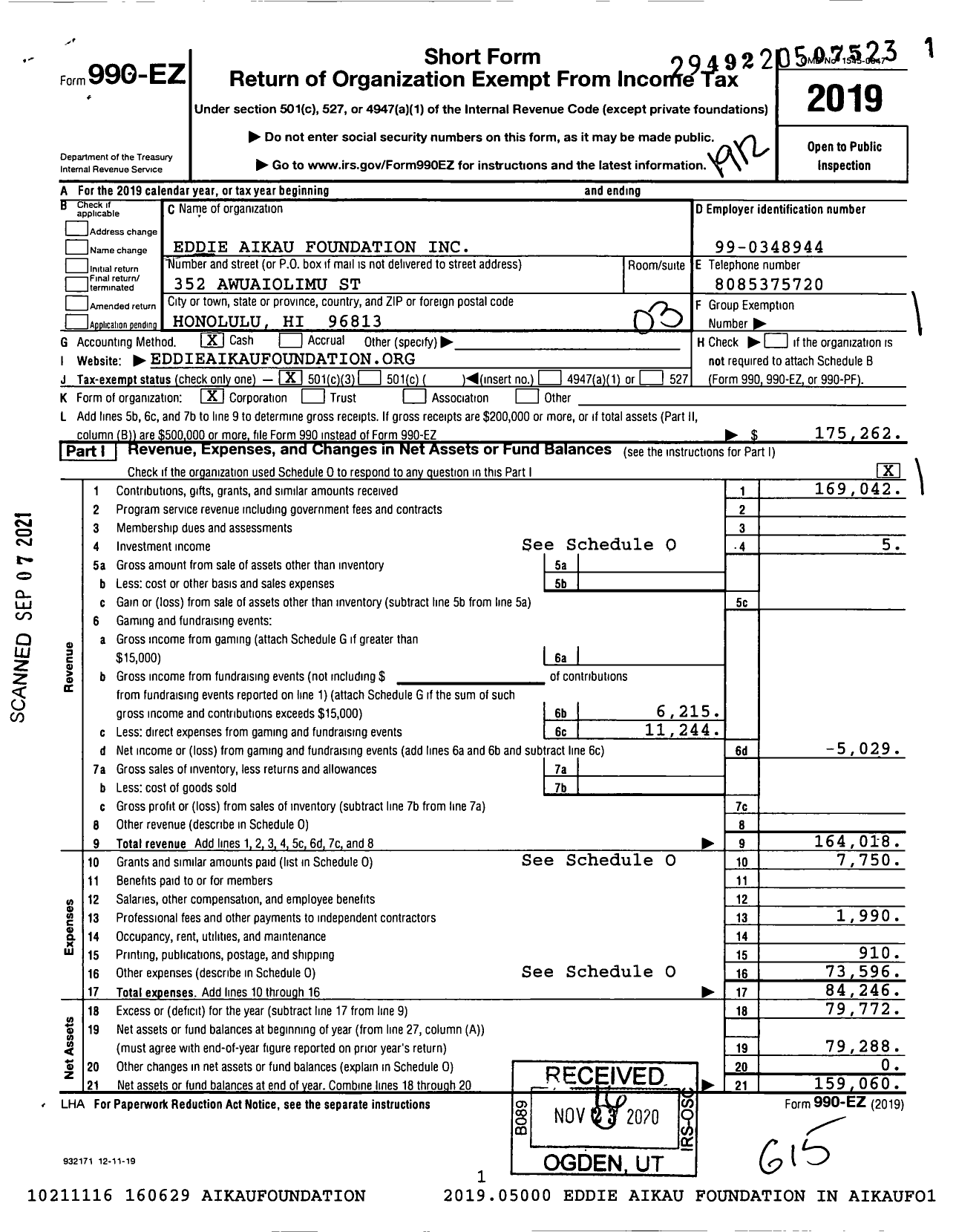 Image of first page of 2019 Form 990EZ for Eddie Aikau Foundation