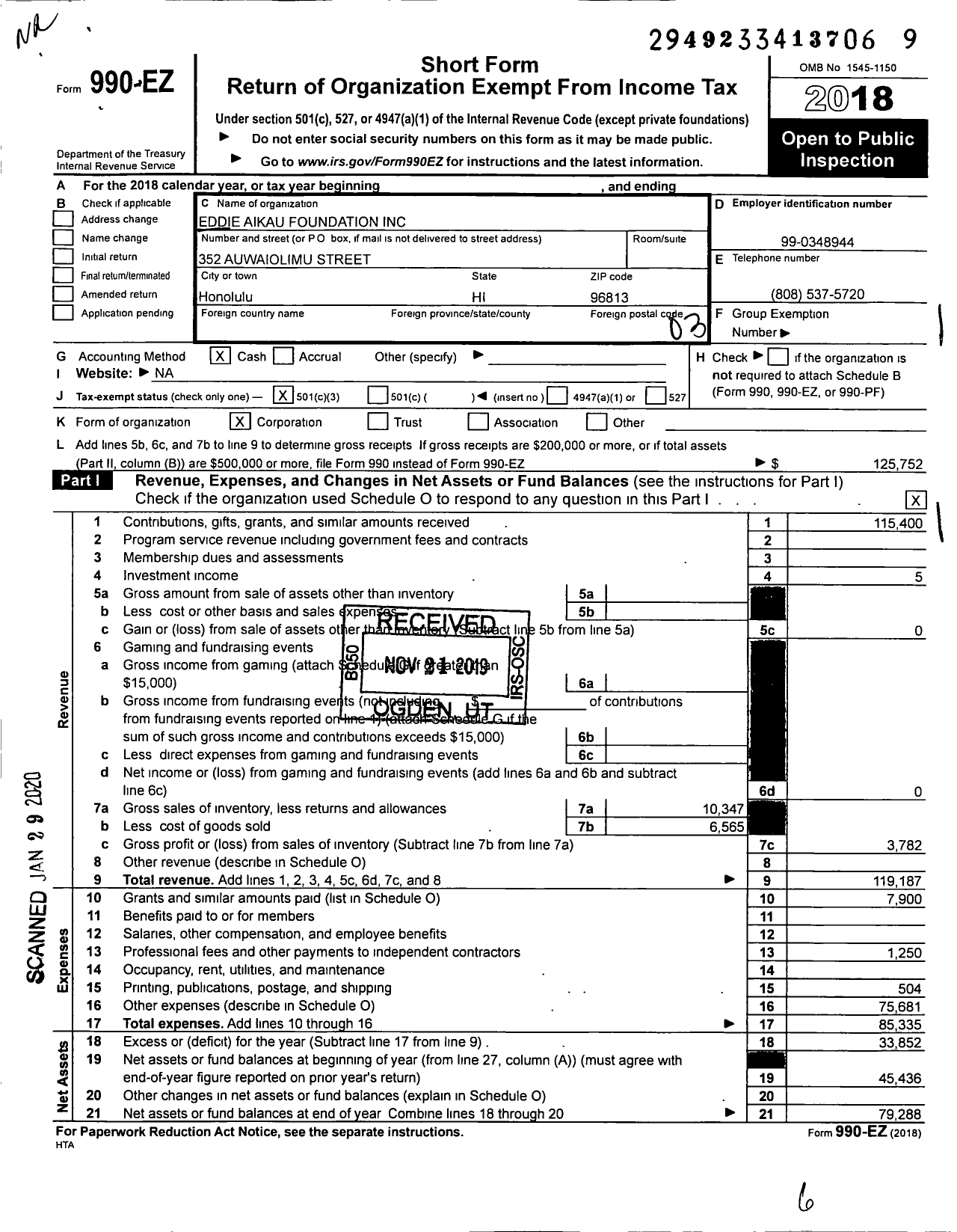 Image of first page of 2018 Form 990EZ for Eddie Aikau Foundation