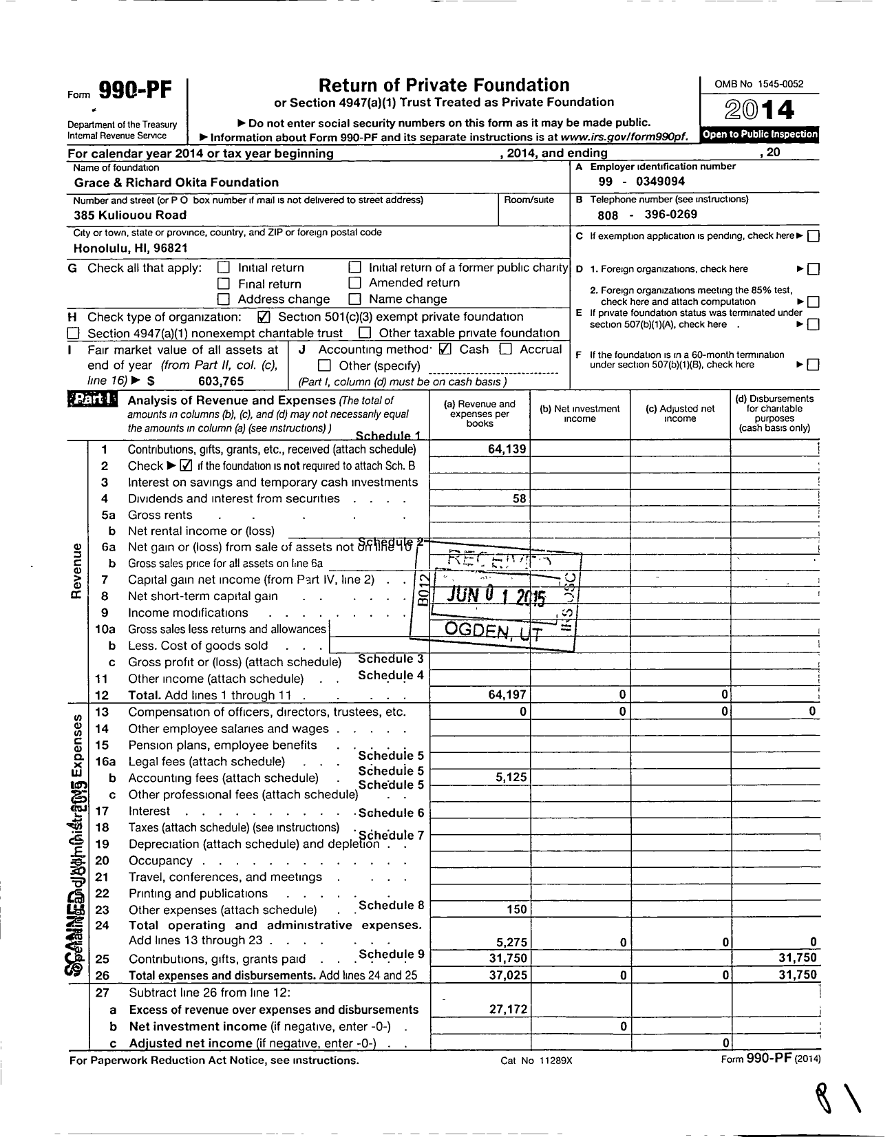 Image of first page of 2014 Form 990PF for Grace and Richard Okita Foundation