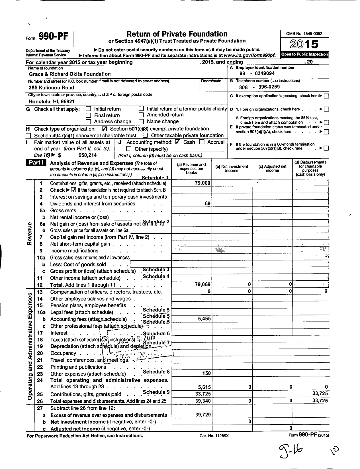 Image of first page of 2015 Form 990PF for Grace and Richard Okita Foundation