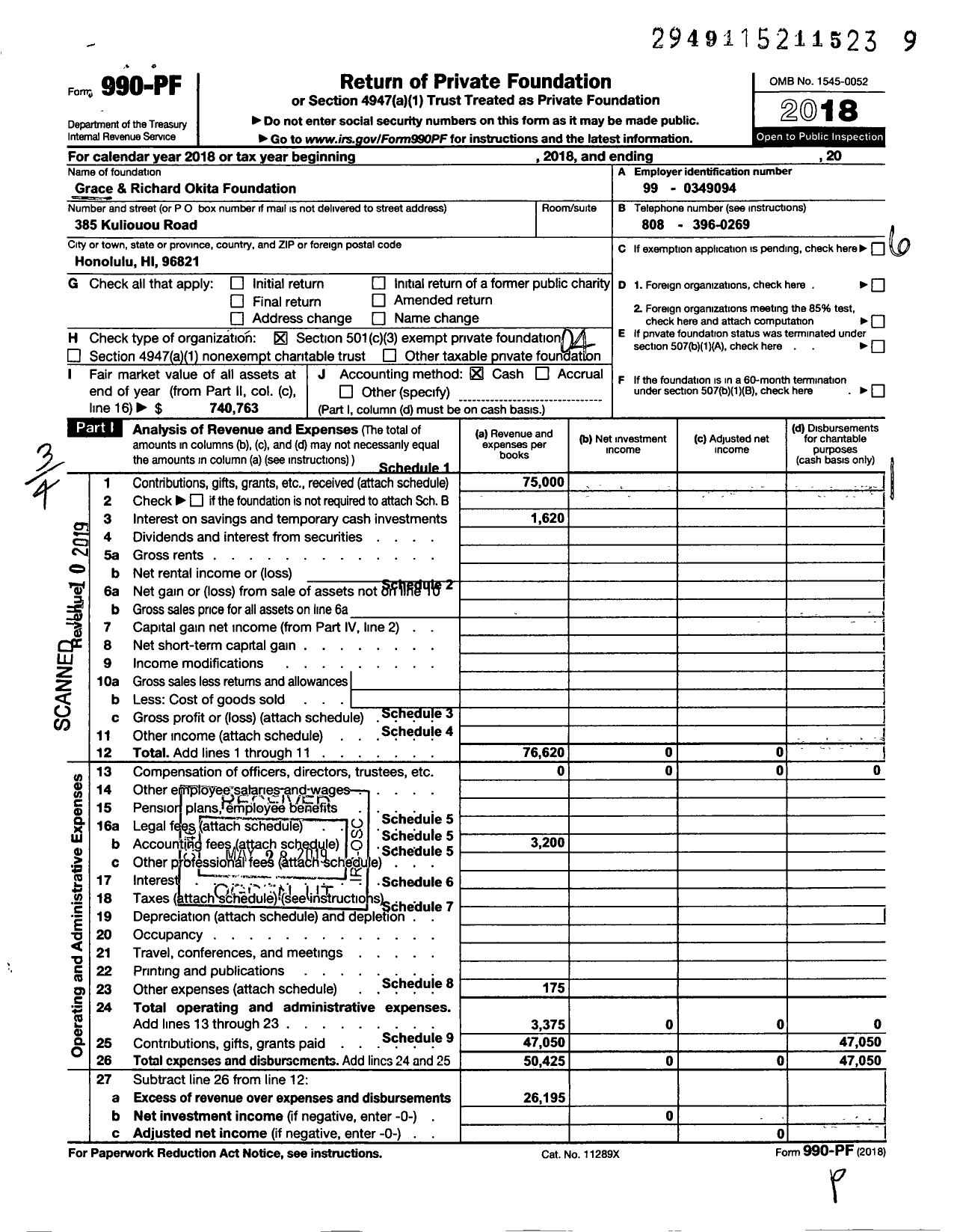 Image of first page of 2018 Form 990PF for Grace and Richard Okita Foundation