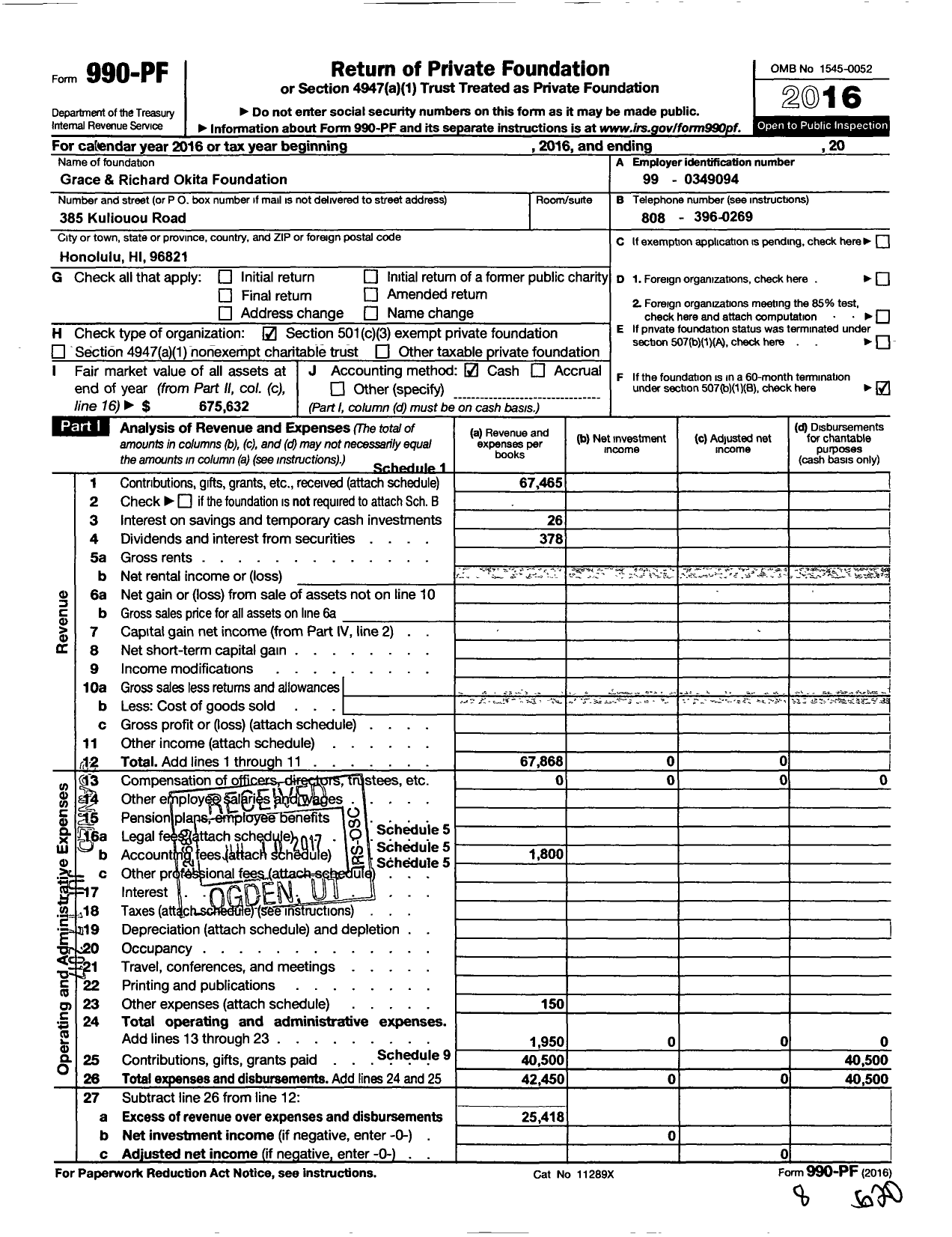 Image of first page of 2016 Form 990PF for Grace and Richard Okita Foundation