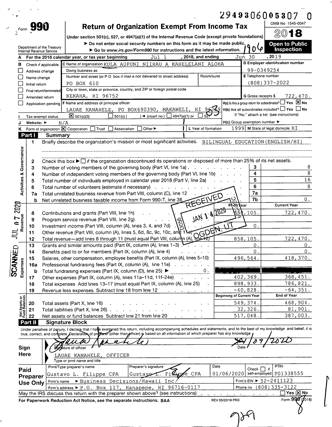 Image of first page of 2018 Form 990 for Kula Aupuni Niihau A Kahelelani Aloha (KANAKA)