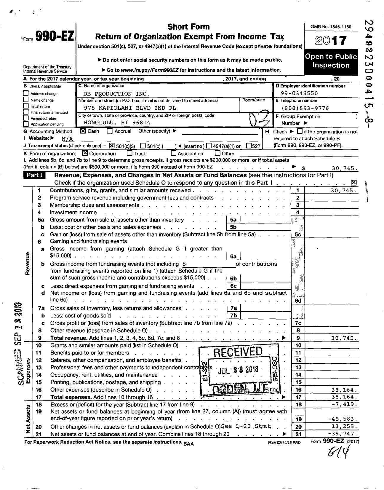 Image of first page of 2017 Form 990EZ for DB Productions