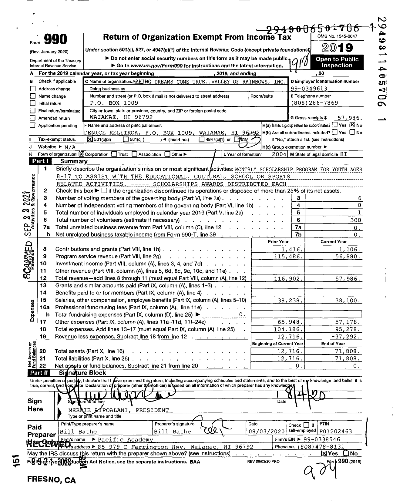 Image of first page of 2019 Form 990 for Making Dreams Come Truevalley of Rainbows