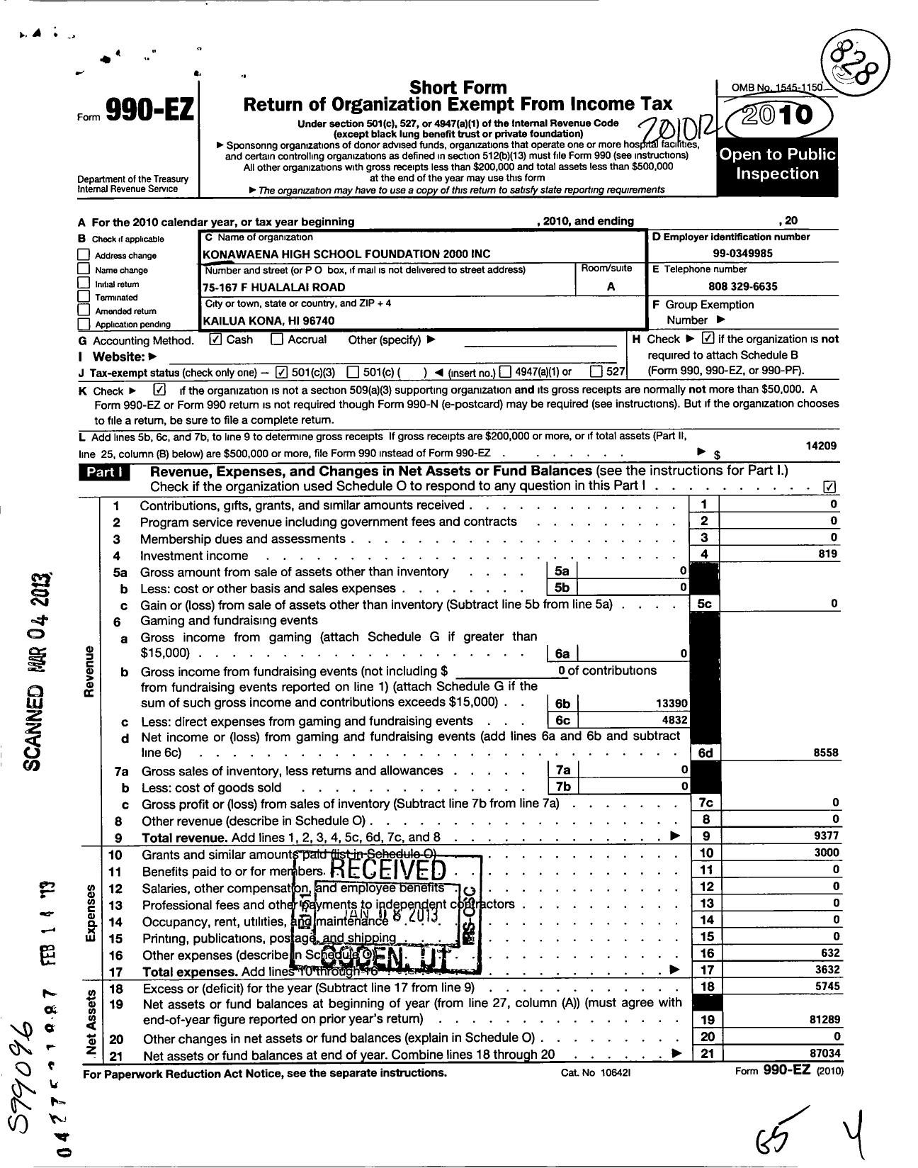 Image of first page of 2010 Form 990 for Konawaena Foundation