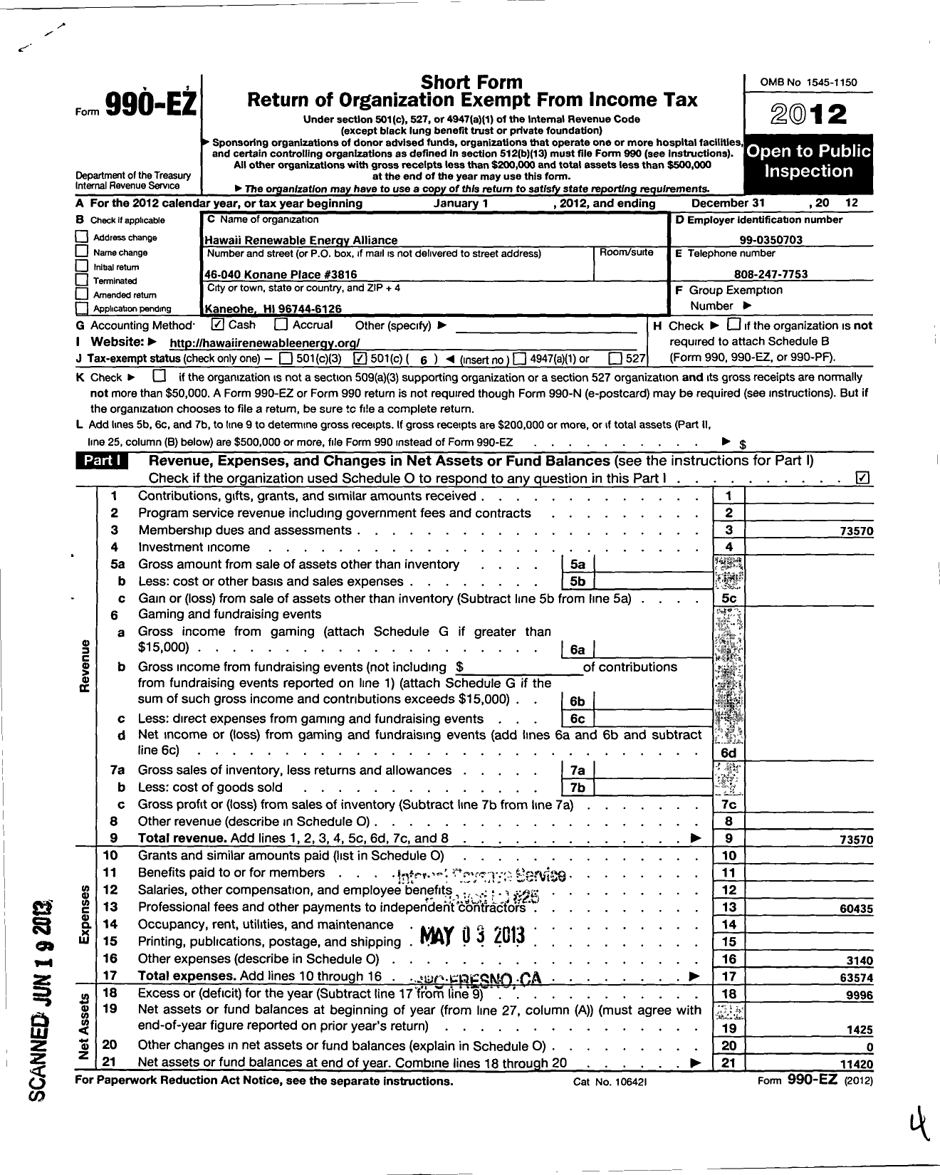 Image of first page of 2012 Form 990EO for Hawaii Renewable Energy Alliance