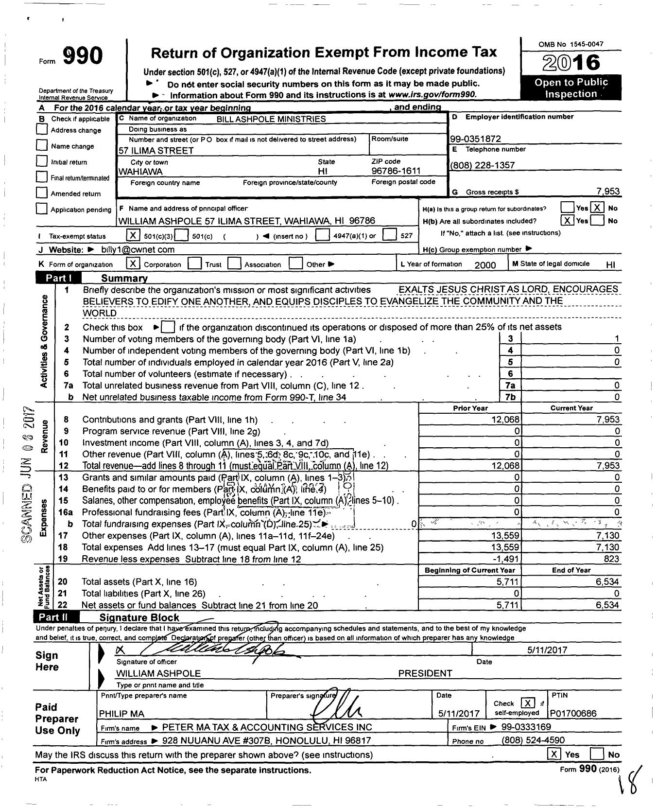 Image of first page of 2016 Form 990 for Bill Ashpole Ministries