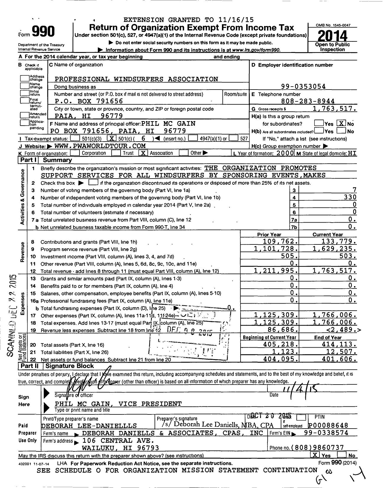 Image of first page of 2014 Form 990O for Professional Windsurfers Associations (PWA)