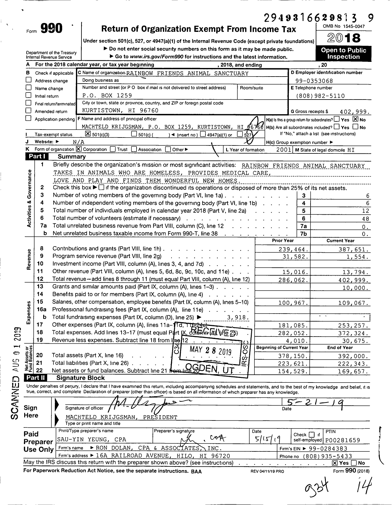 Image of first page of 2018 Form 990 for Rainbow Friends Animal Sanctuary