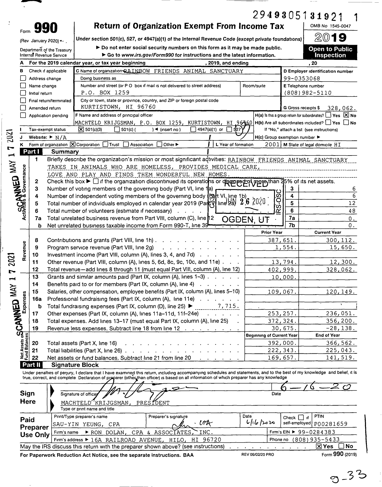 Image of first page of 2019 Form 990 for Rainbow Friends Animal Sanctuary