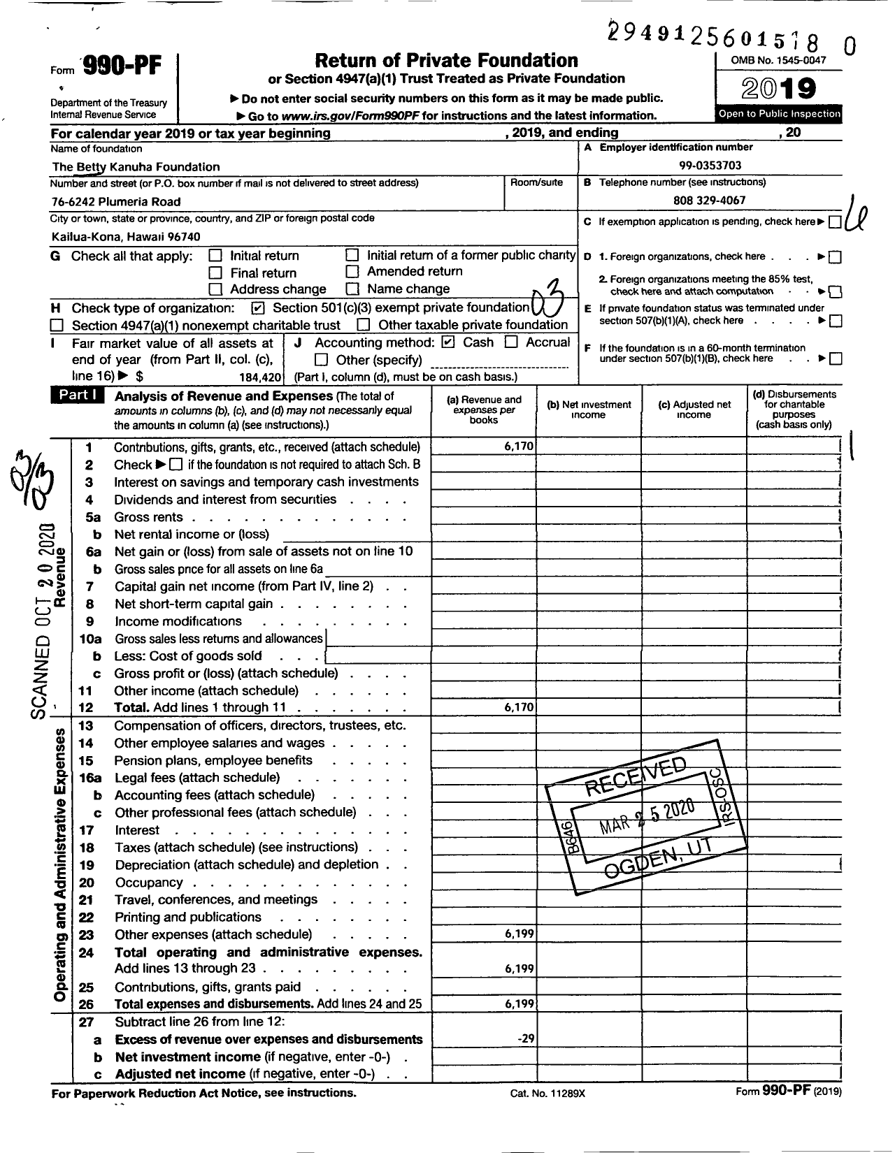 Image of first page of 2019 Form 990PR for The Betty Kanuha Foundation