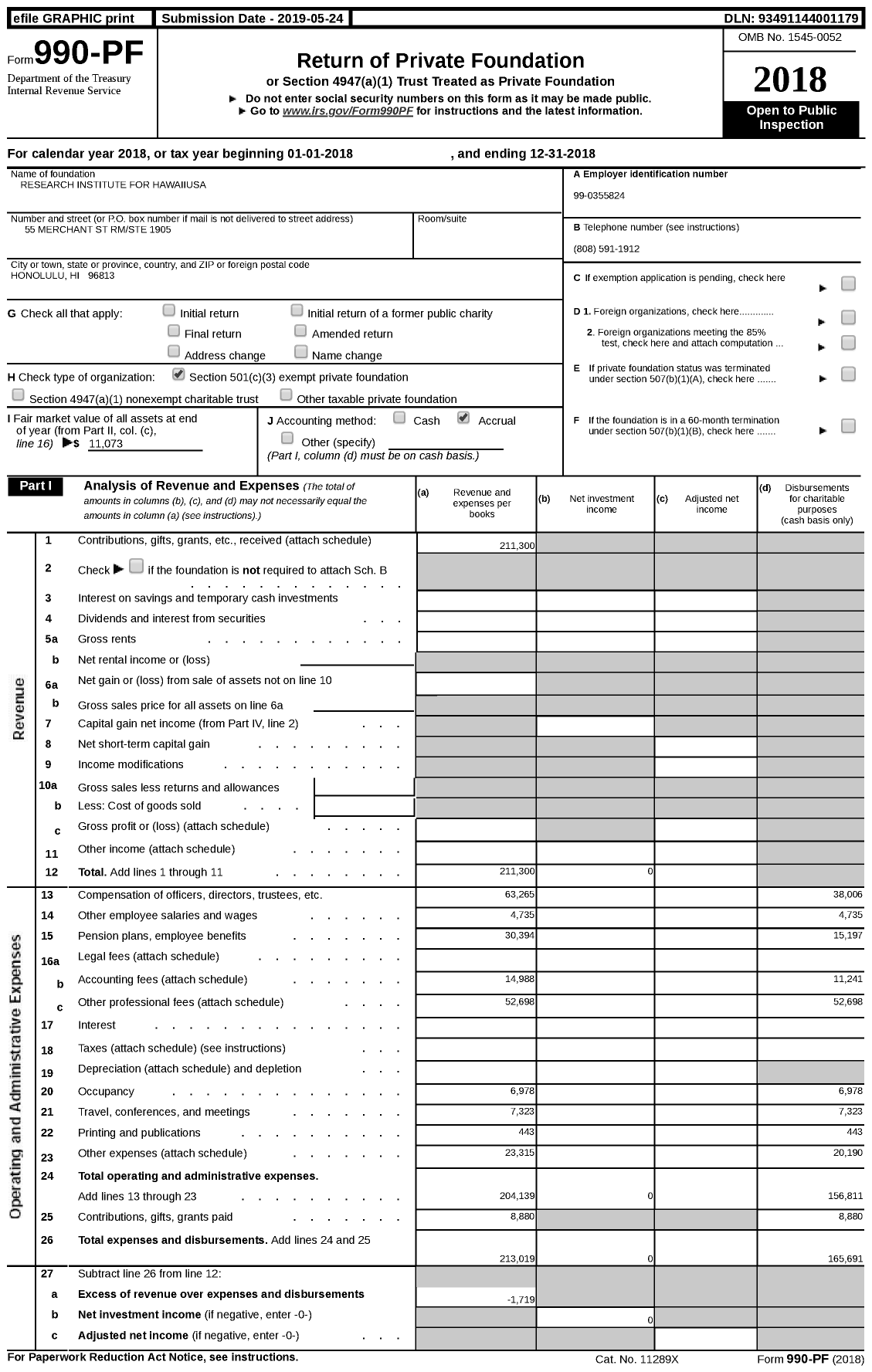 Image of first page of 2018 Form 990PF for Research Institute for Hawaiiusa