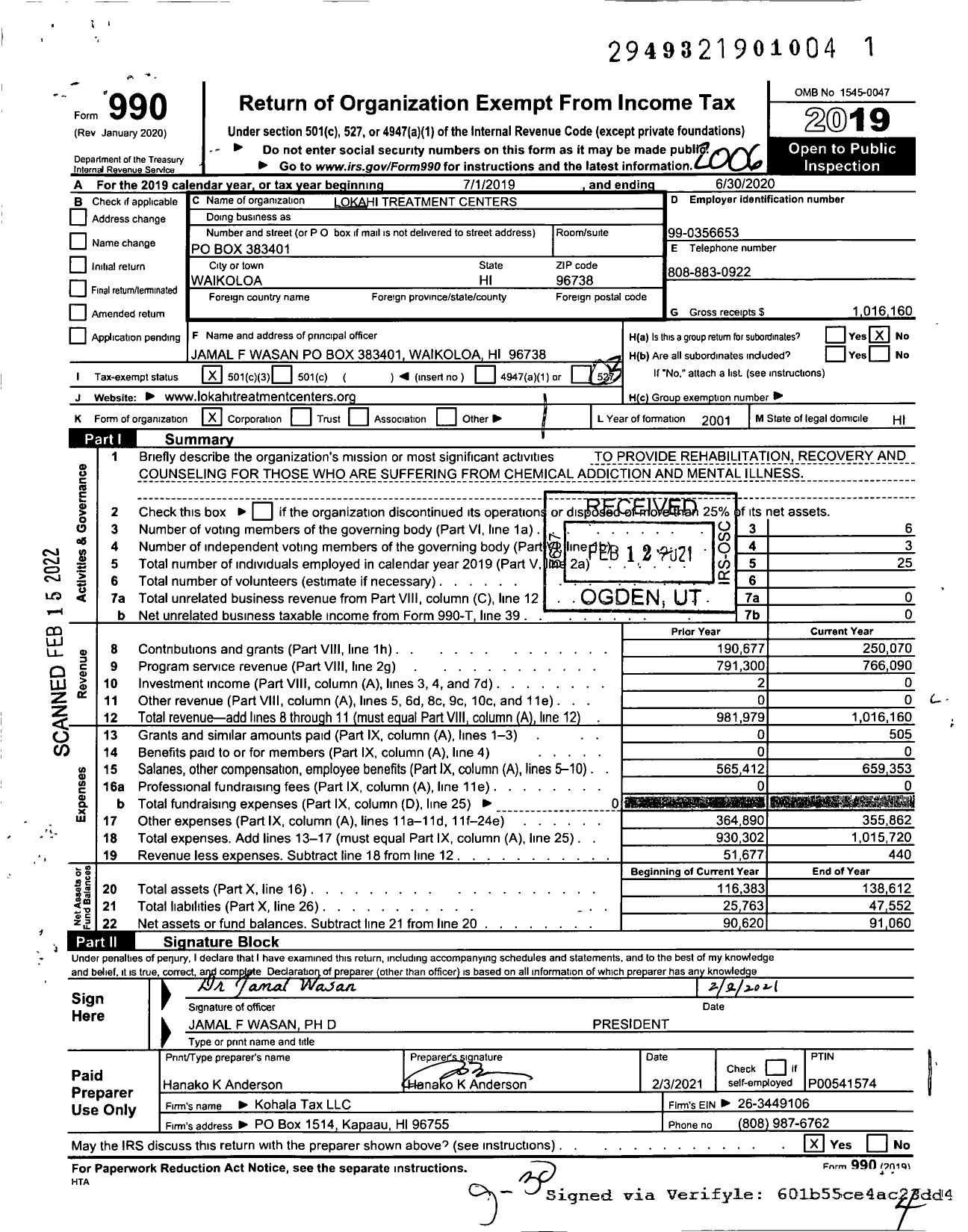 Image of first page of 2019 Form 990 for Lokahi Treatment Centers (LTC)