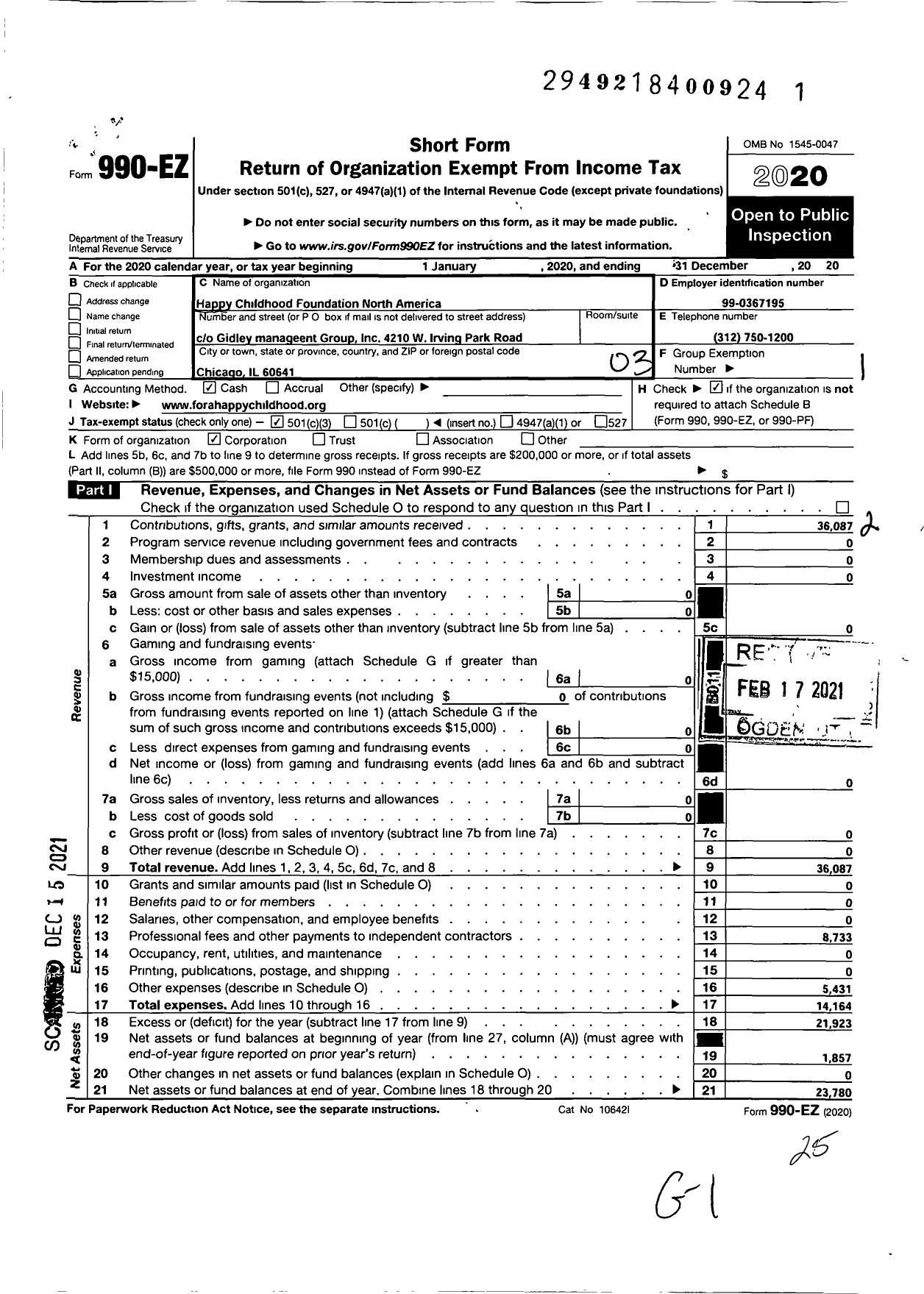 Image of first page of 2020 Form 990EZ for Happy Childhood Foundation