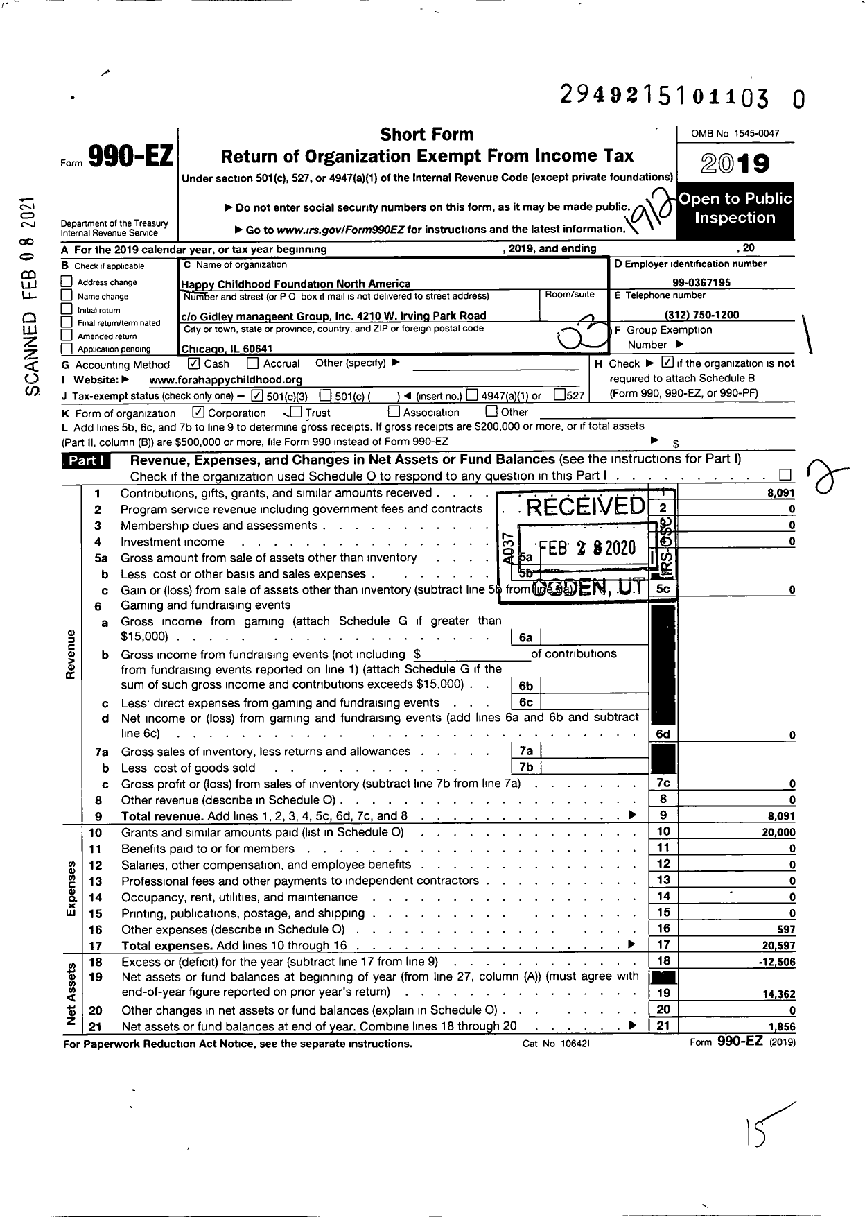 Image of first page of 2019 Form 990EZ for Happy Childhood Foundation