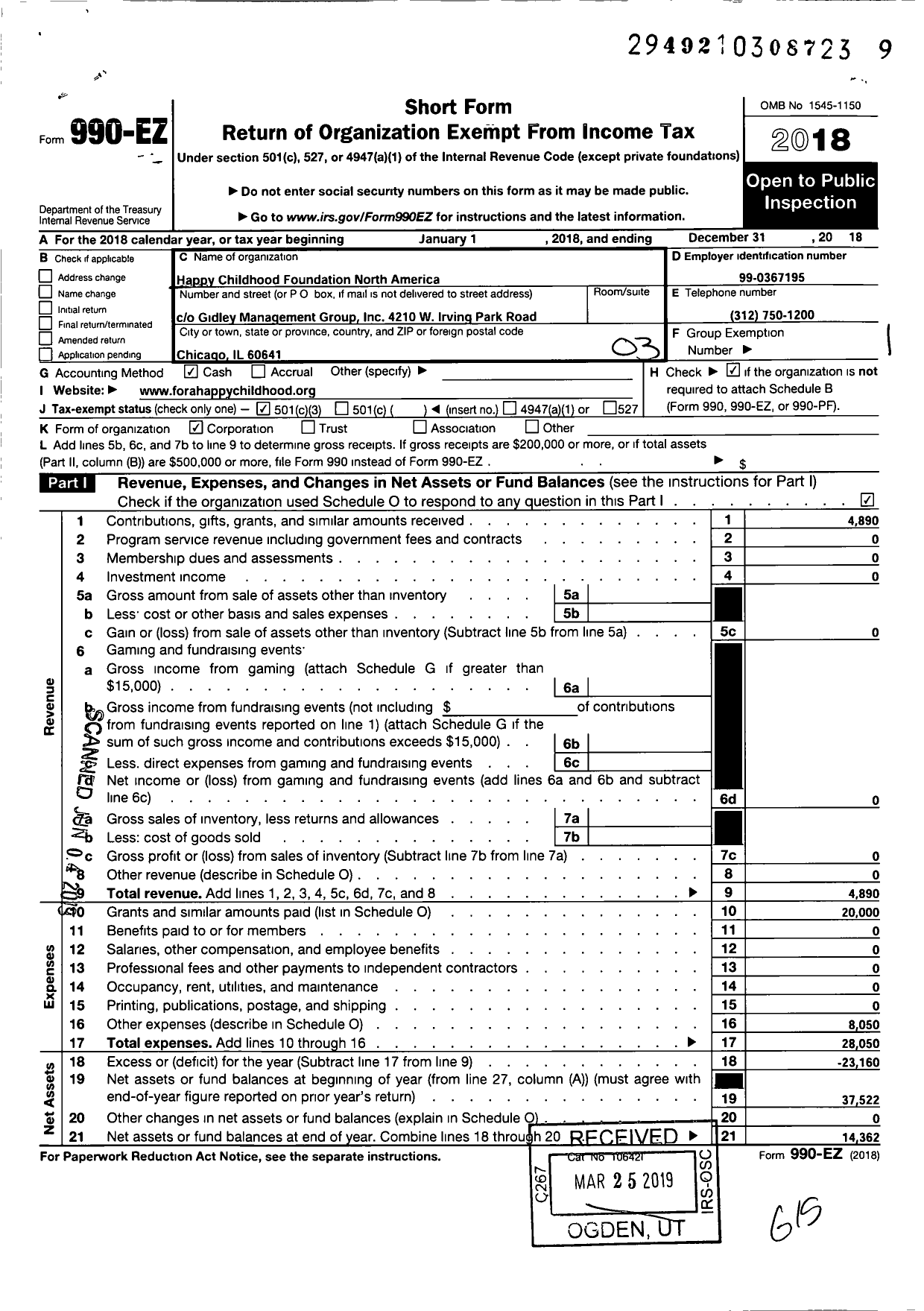 Image of first page of 2018 Form 990EZ for Happy Childhood Foundation