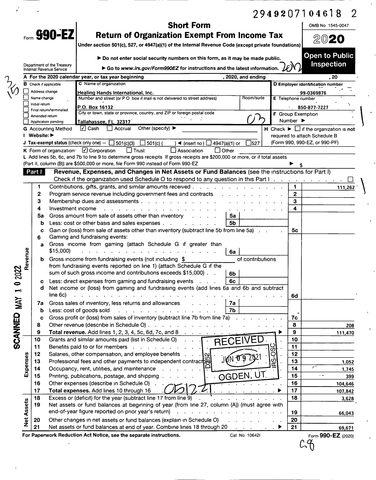 Image of first page of 2020 Form 990EZ for Healing Hands International