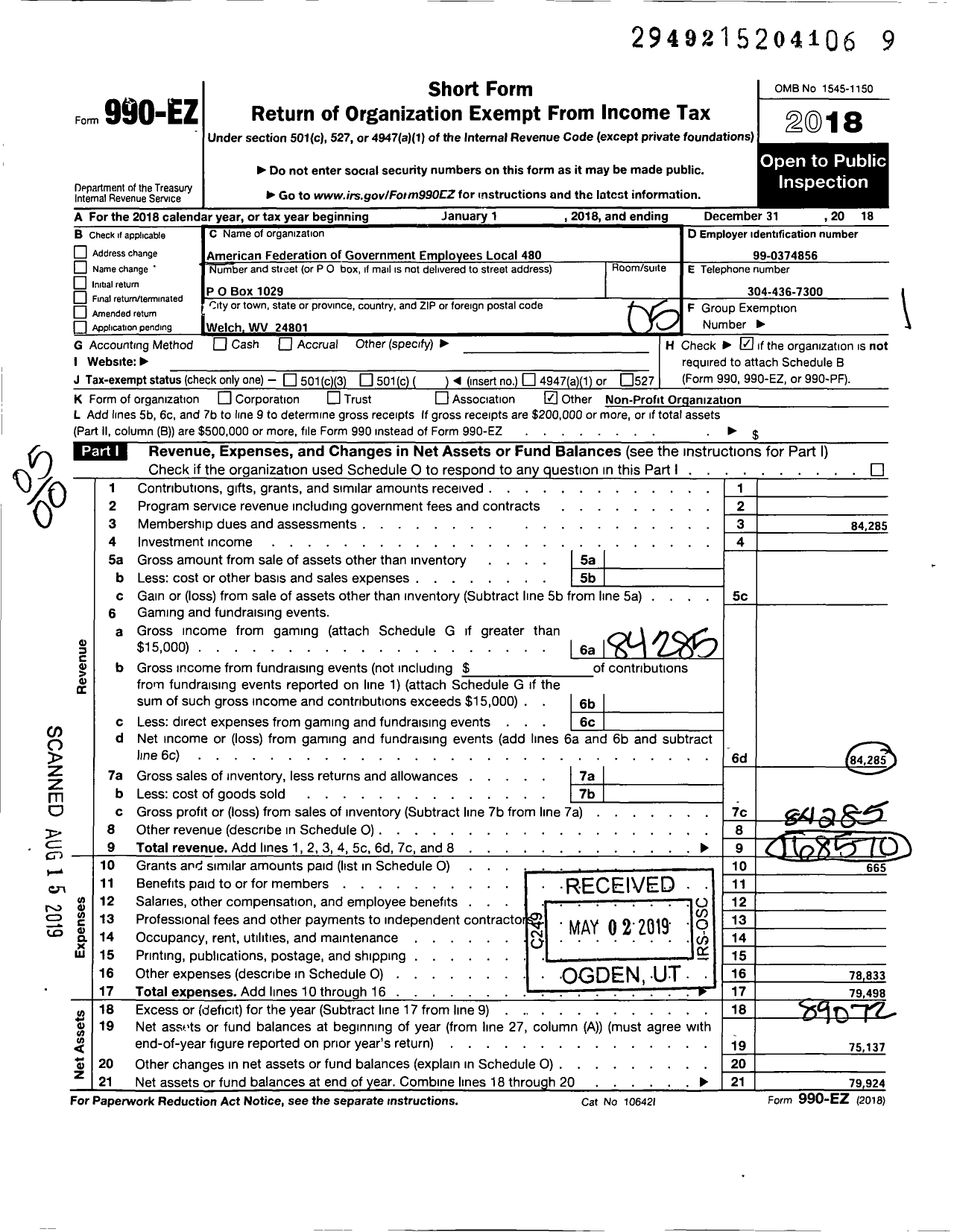 Image of first page of 2018 Form 990EO for American Federation of Government Employees - 480 Local Afge Bop