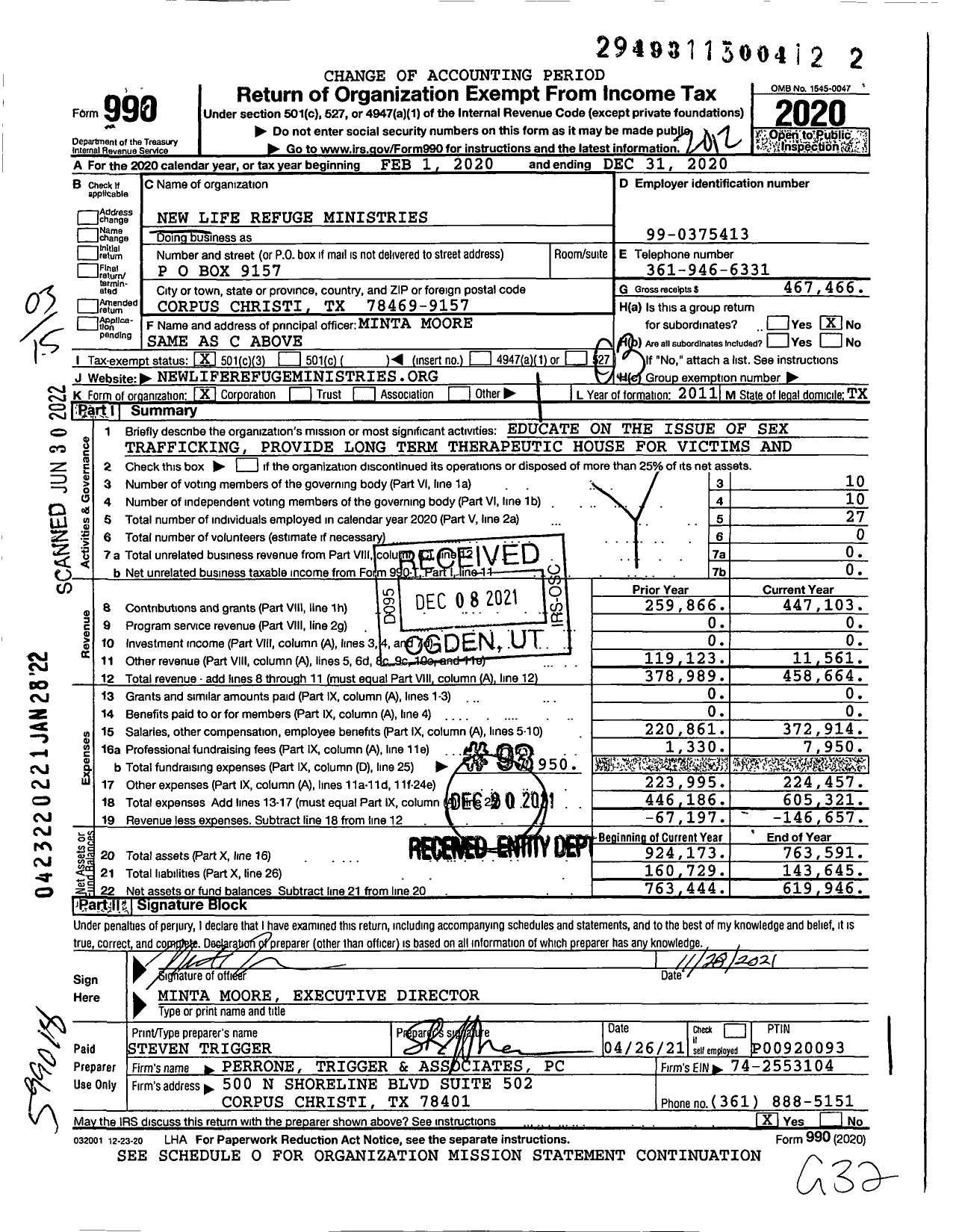 Image of first page of 2020 Form 990 for New Life Refuge Ministries